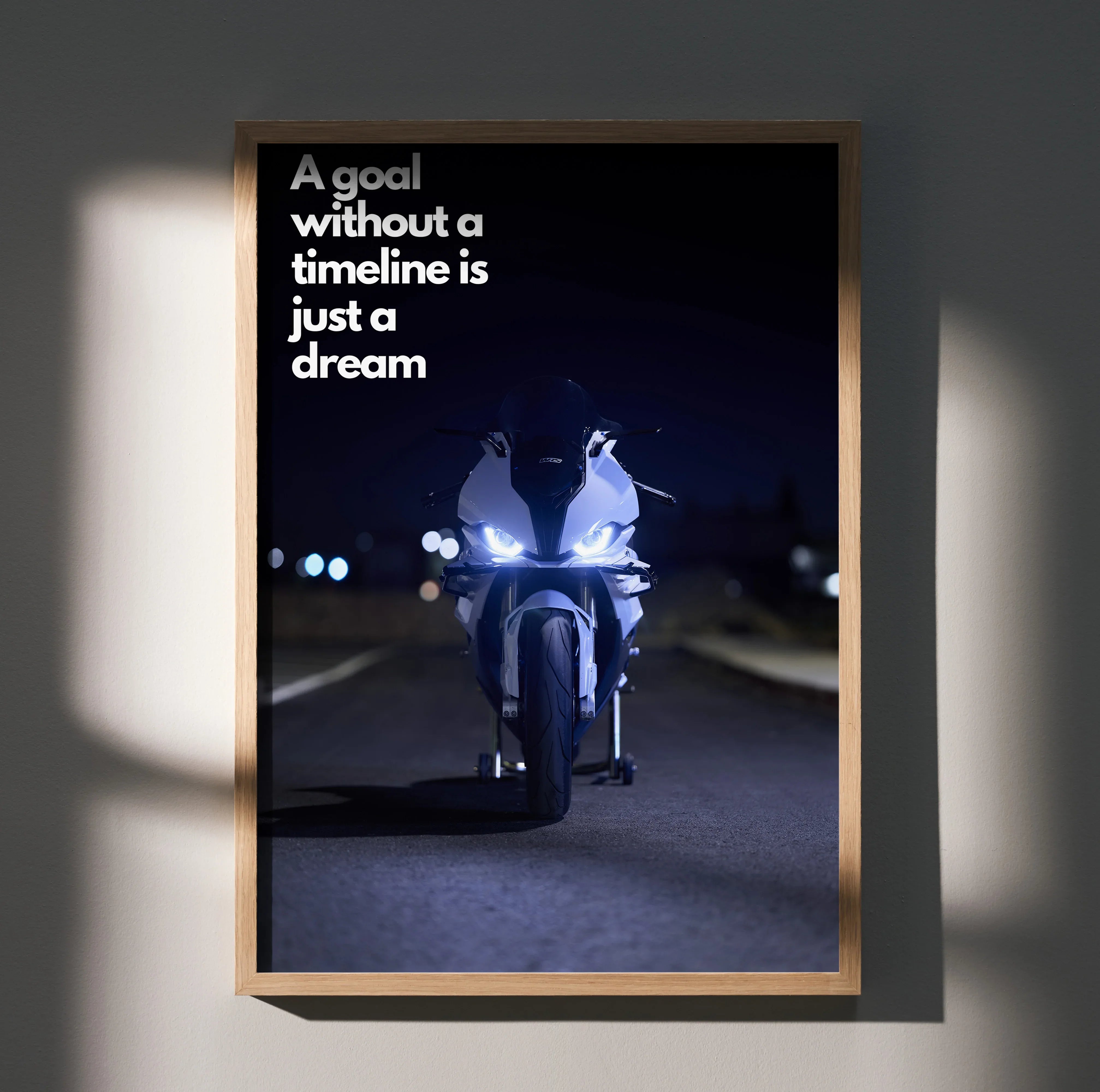 Motivational Poster with BMW S1000RR motorcycle at night and inspiring text wall art.