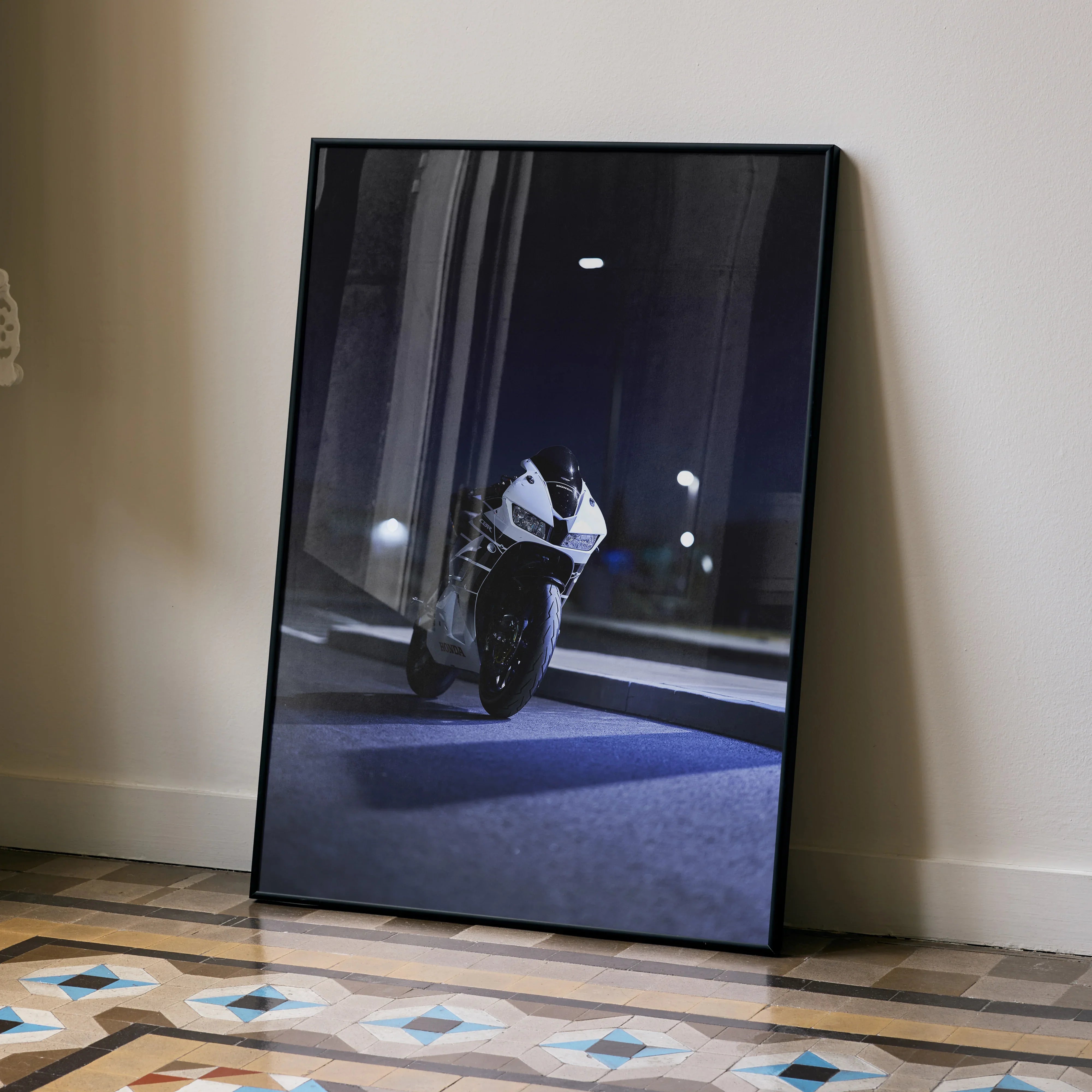 Honda CBR600RR motorcycle poster with dark urban background, modern wall art in black frame.