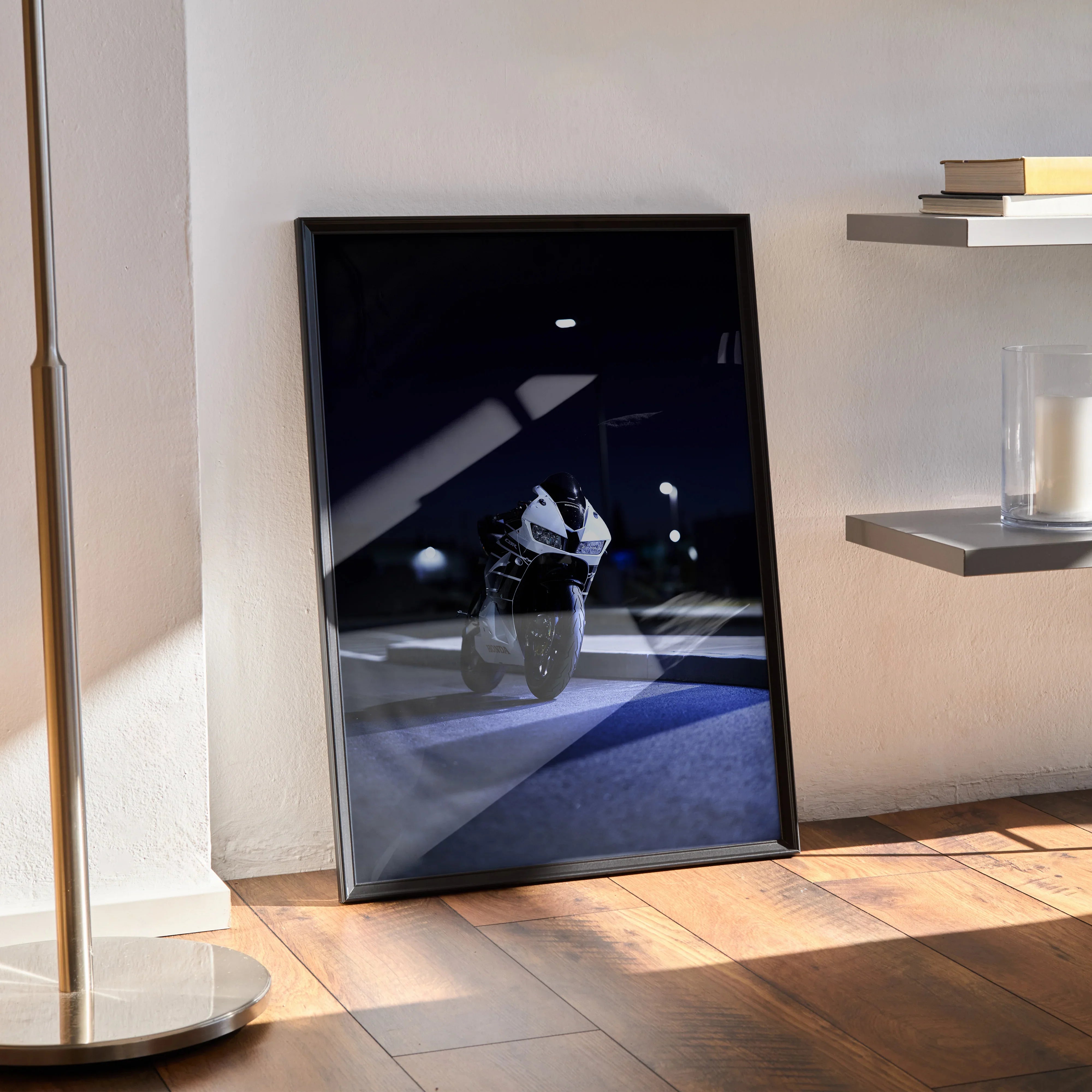 Honda CBR600RR motorcycle poster with sleek dark tones leaning against a wall, modern motorcycle wall art.