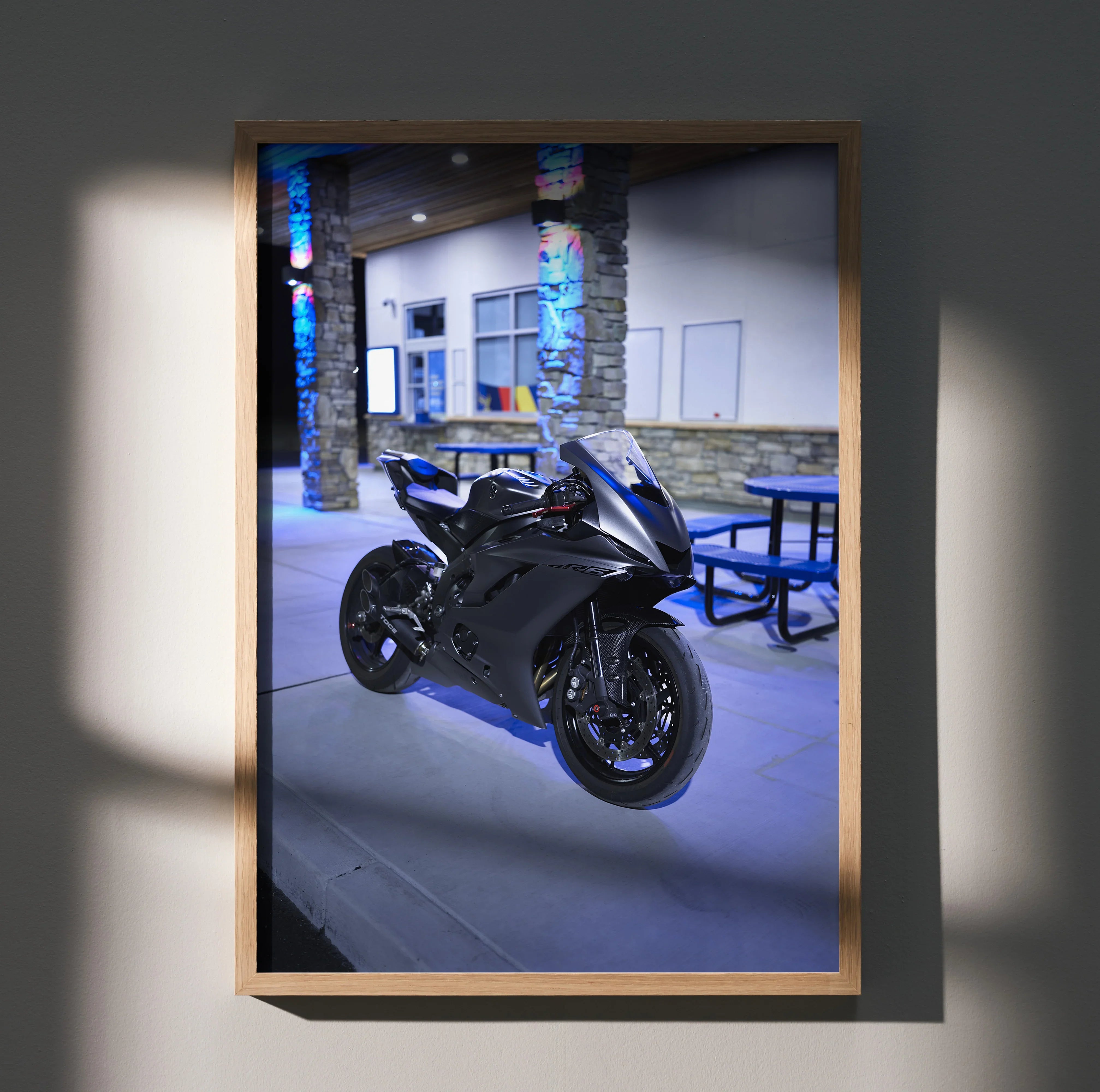 Yamaha R6 motorcycle poster with sleek black bike against urban night scene wall art.