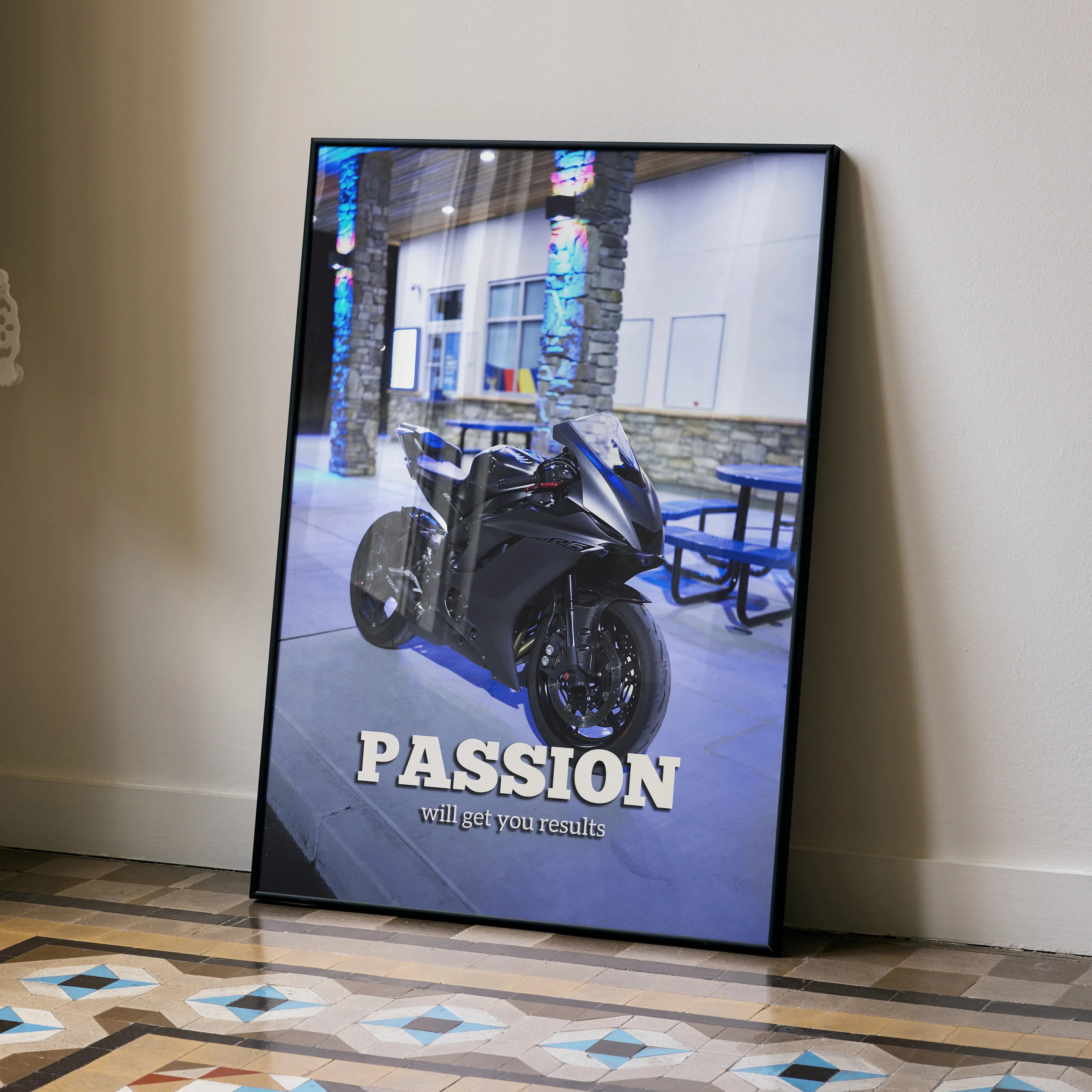 Motivational poster wall art featuring a black Yamaha R6 motorcycle with the word Passion in bold letters.