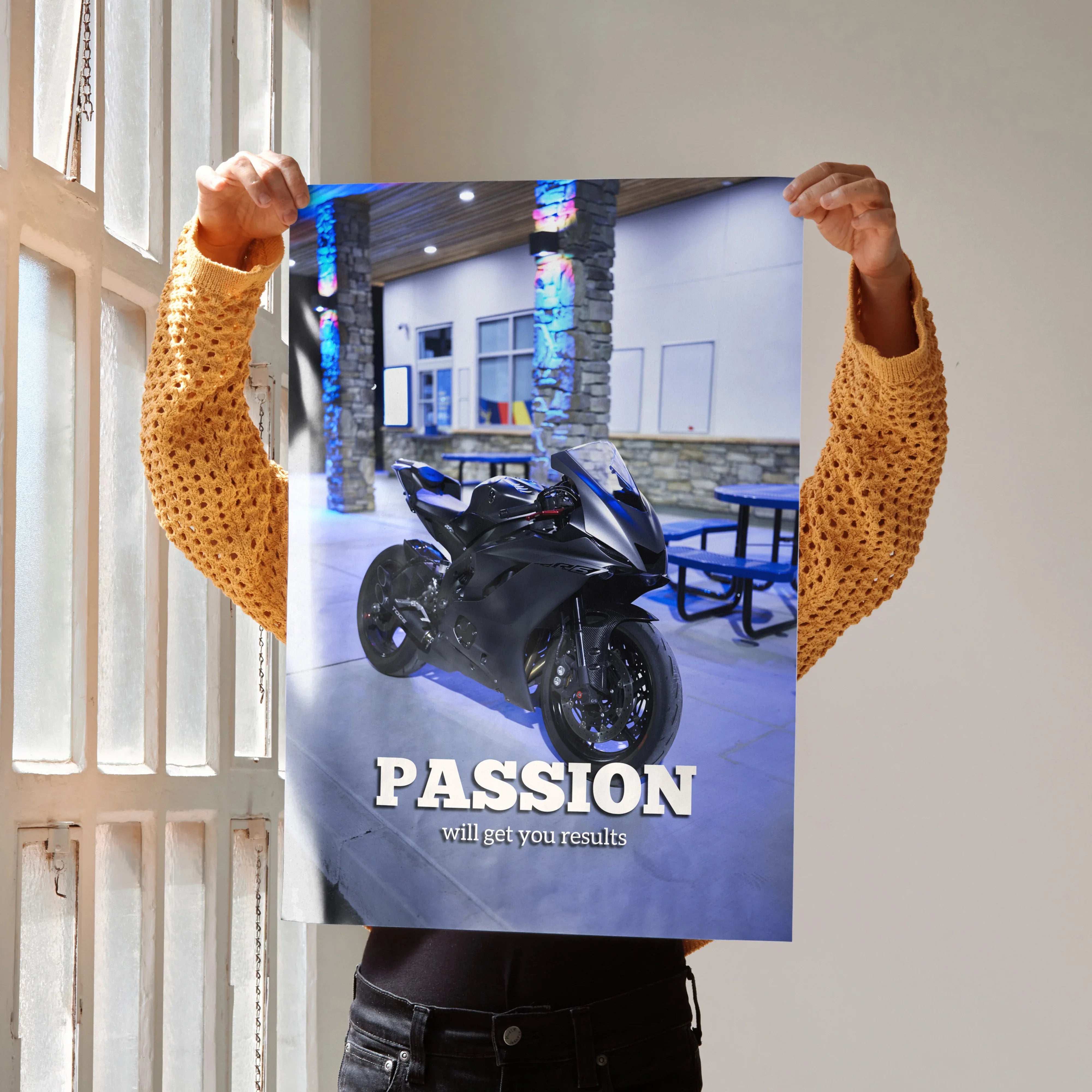 Motivational Wall Art Poster featuring a black Yamaha R6 motorcycle with the word "PASSION" in bold white letters.