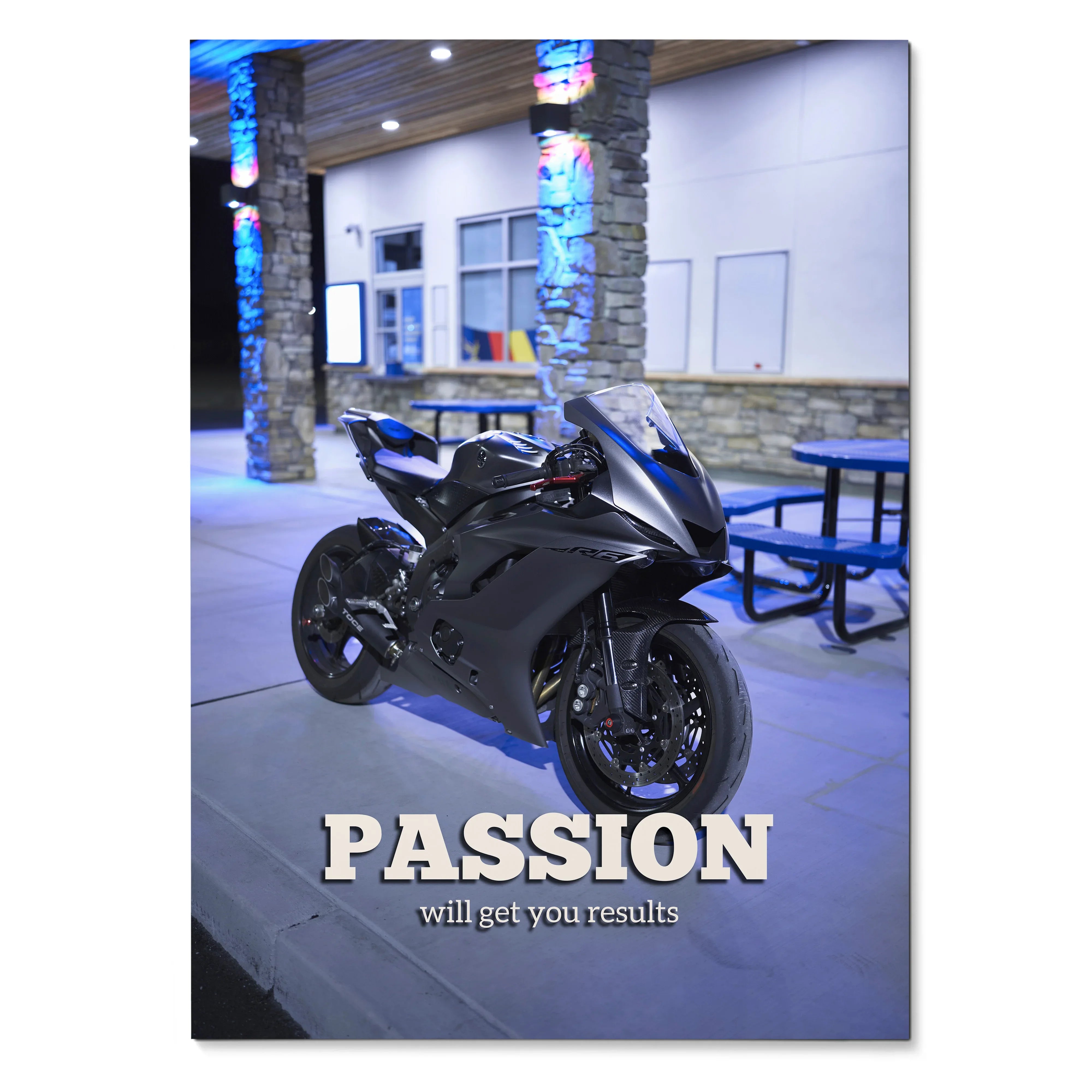 Motivational poster wall art featuring a sleek black Yamaha R6 motorcycle with the text "PASSION will get you results".