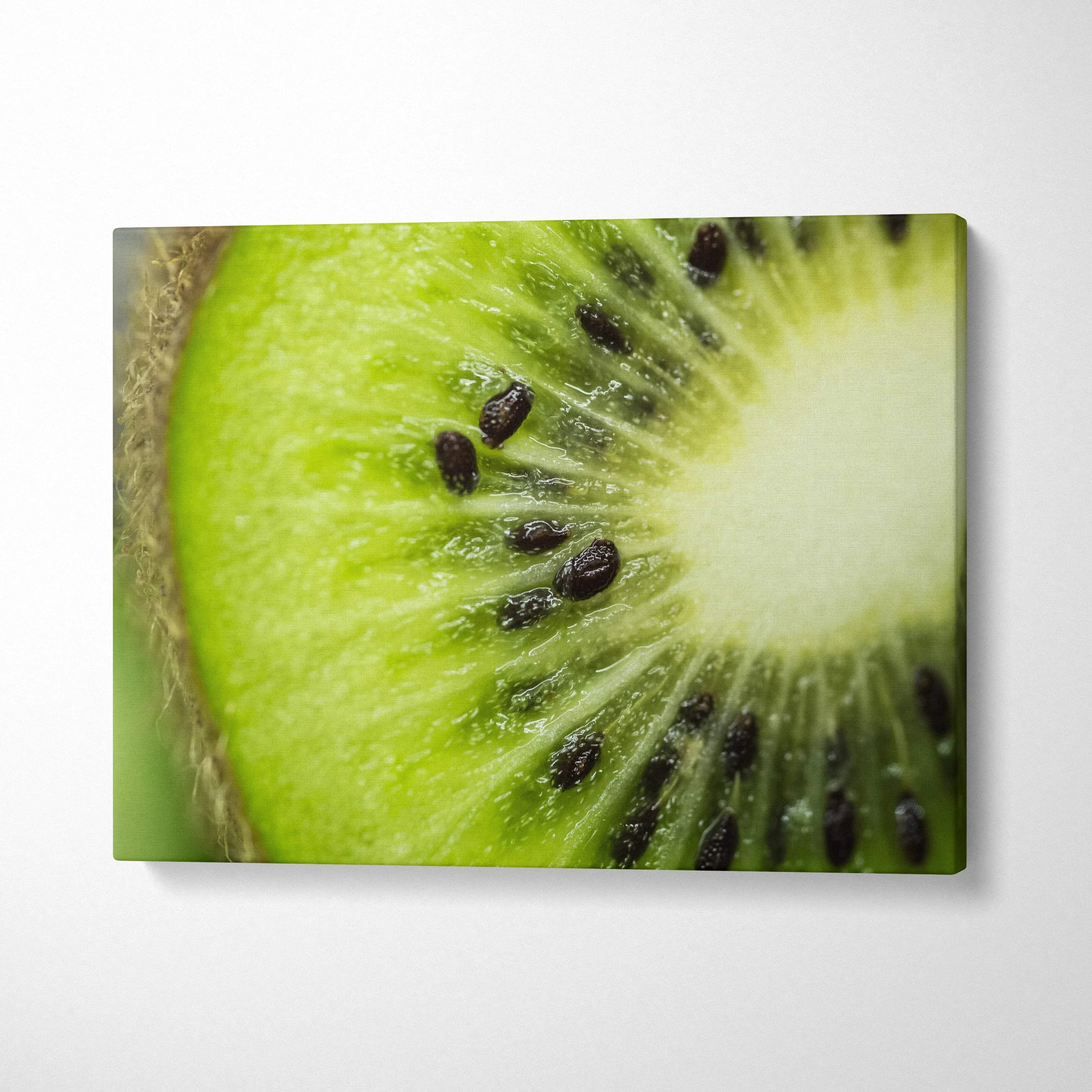 High-resolution kiwi fruit close-up on vibrant green canvas wall art for home decor.
