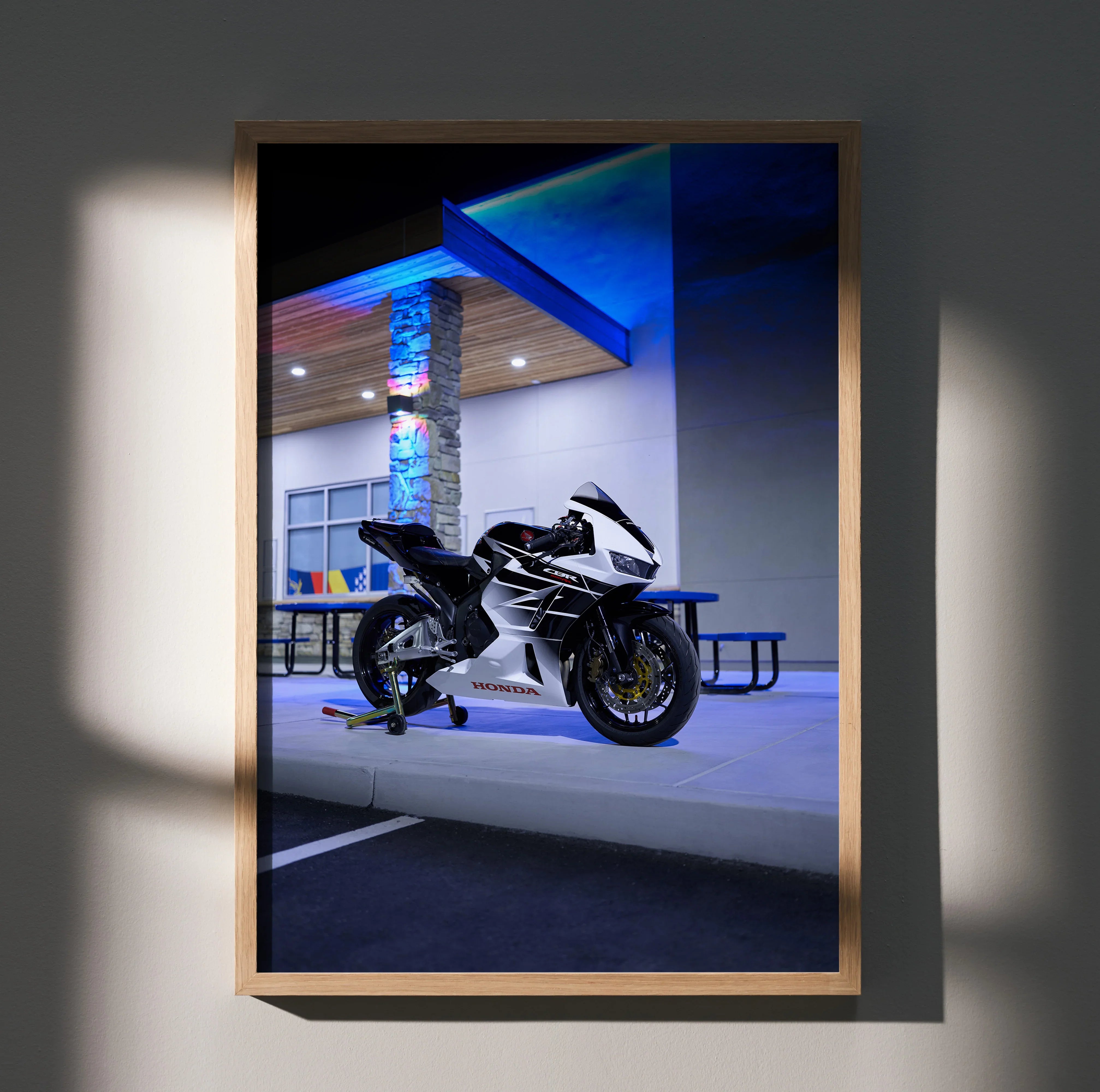 Honda CBR600RR motorcycle poster with vibrant neon lighting, modern urban wall art.