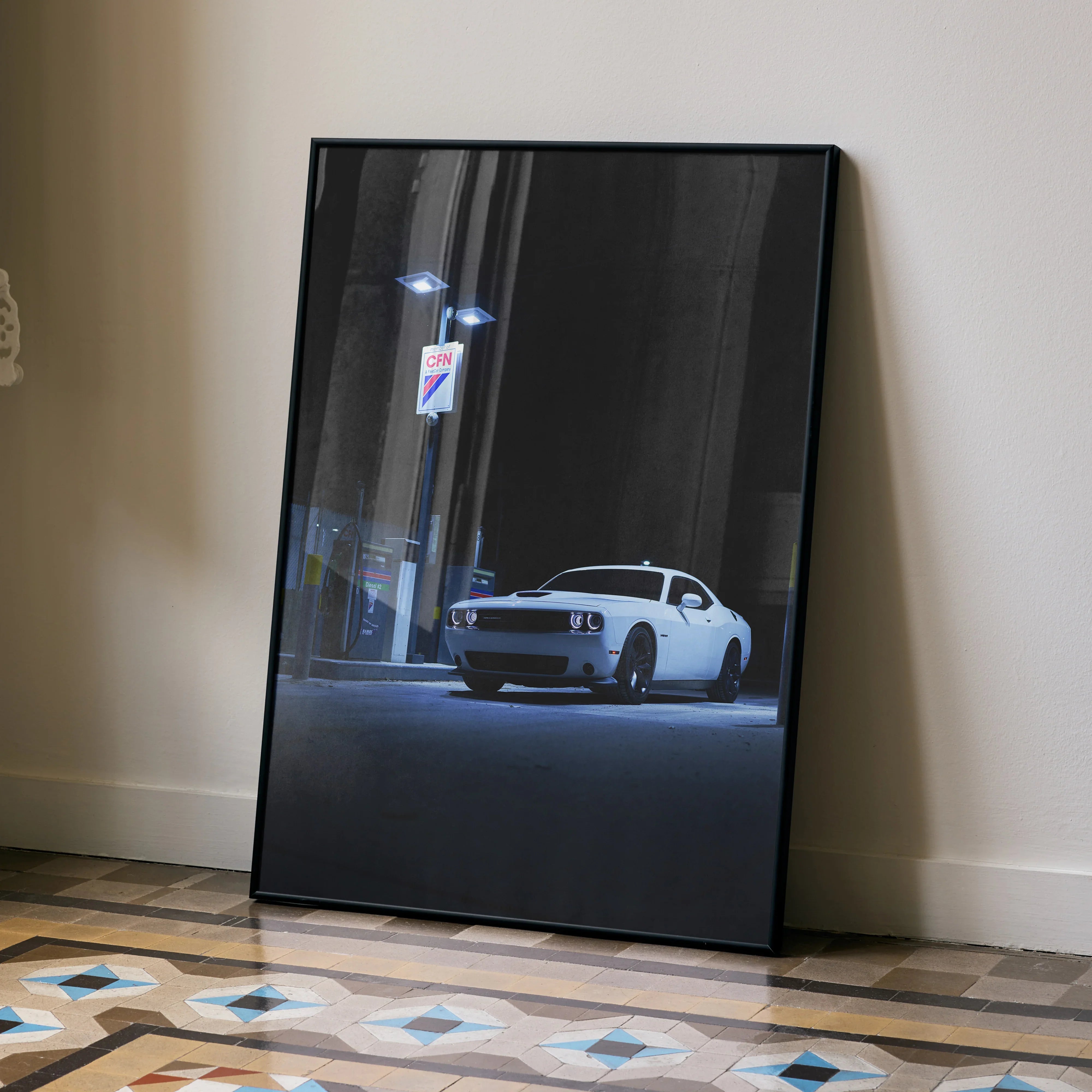 Dodge Challenger poster with white car parked at night under streetlights, sleek automotive wall art.