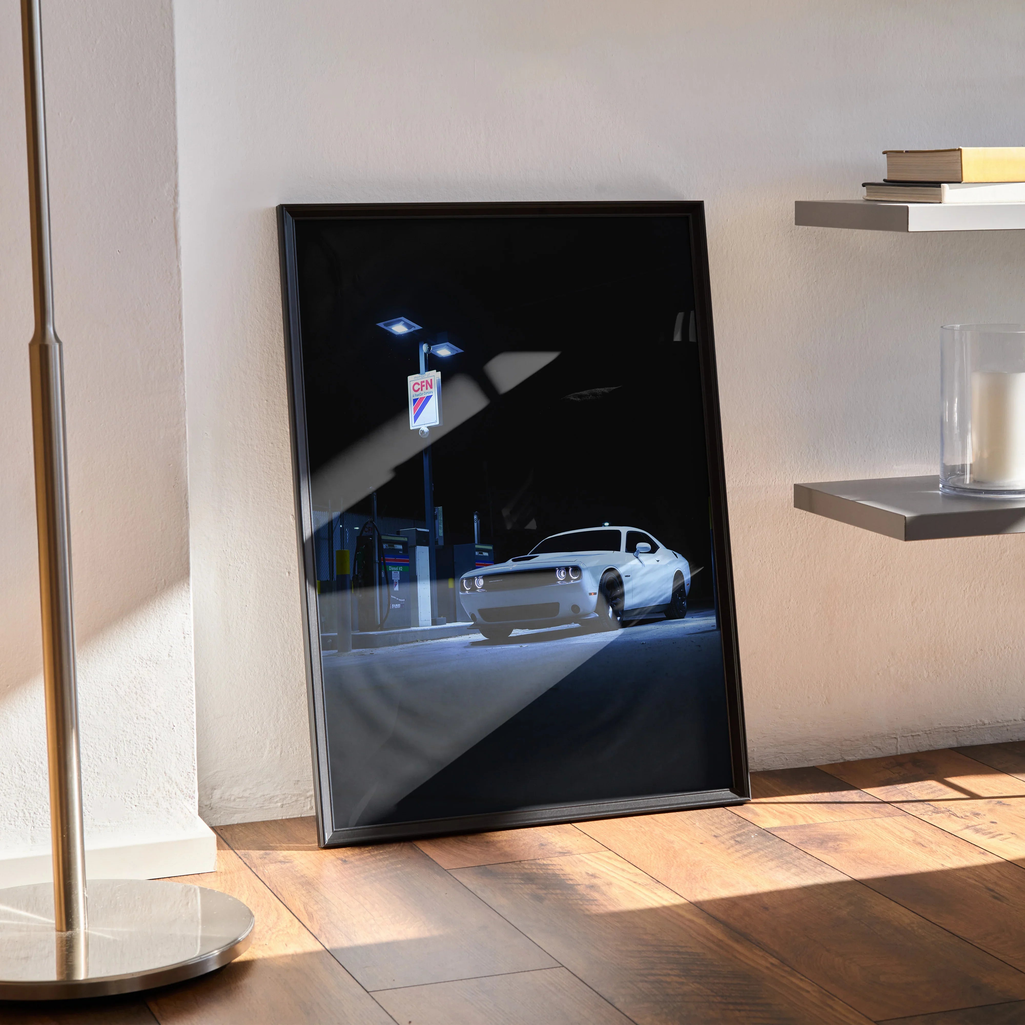 Dodge Challenger wall art poster featuring a white car in a nighttime urban setting with streetlight details in a black frame.