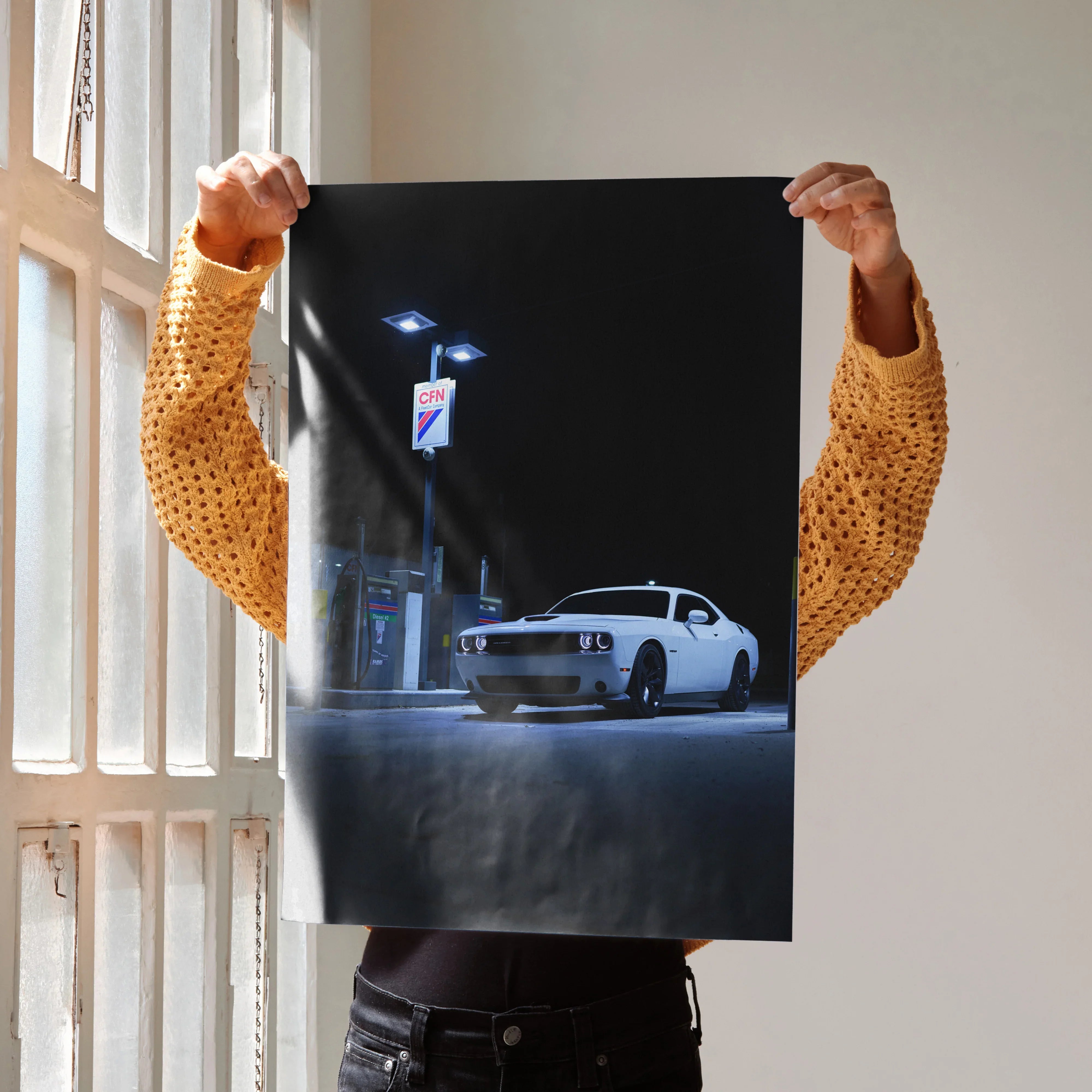 Dodge Challenger white car at gas station night scene poster wall art.