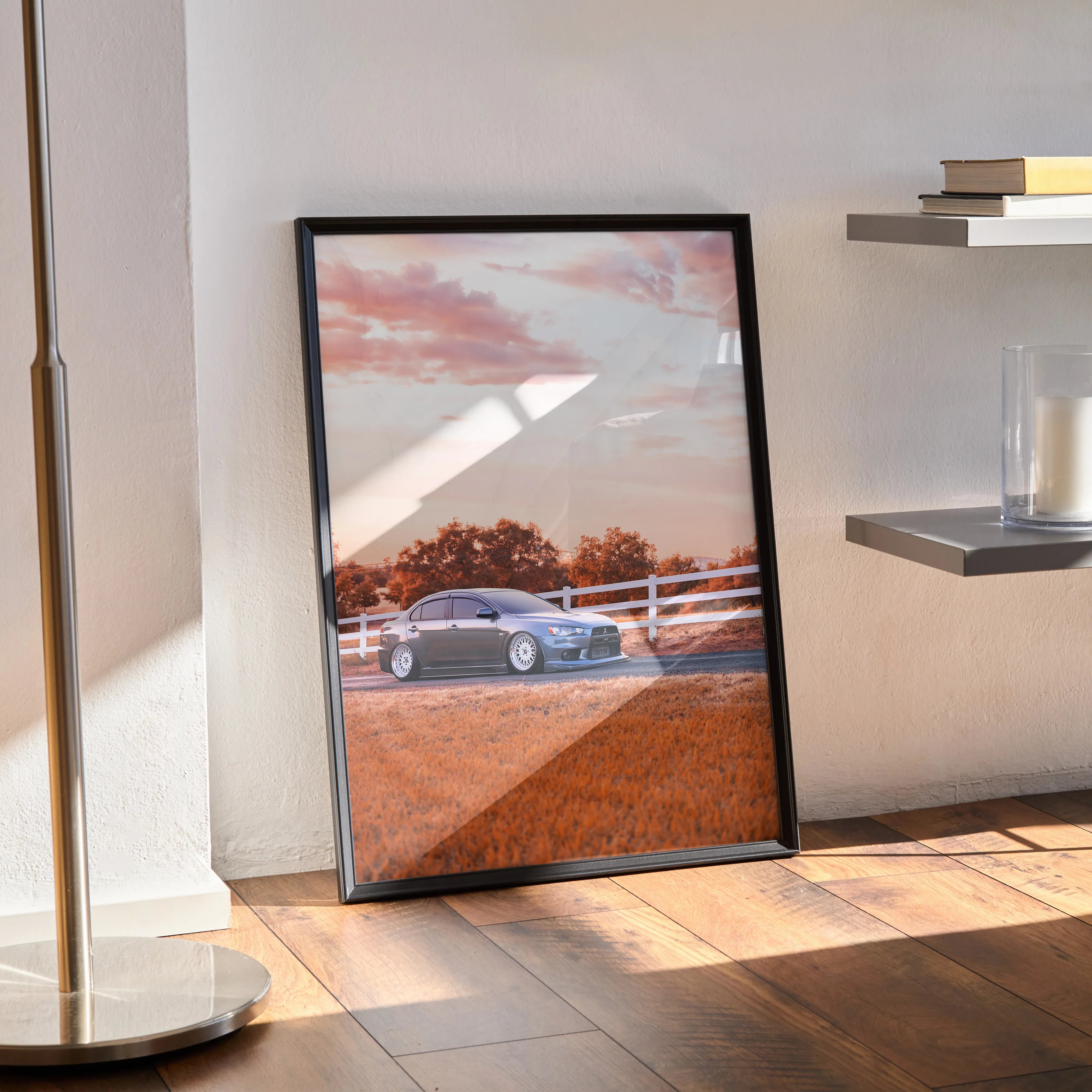 Mitsubishi Evo 10 parked at sunset with pink sky in framed poster wall art.