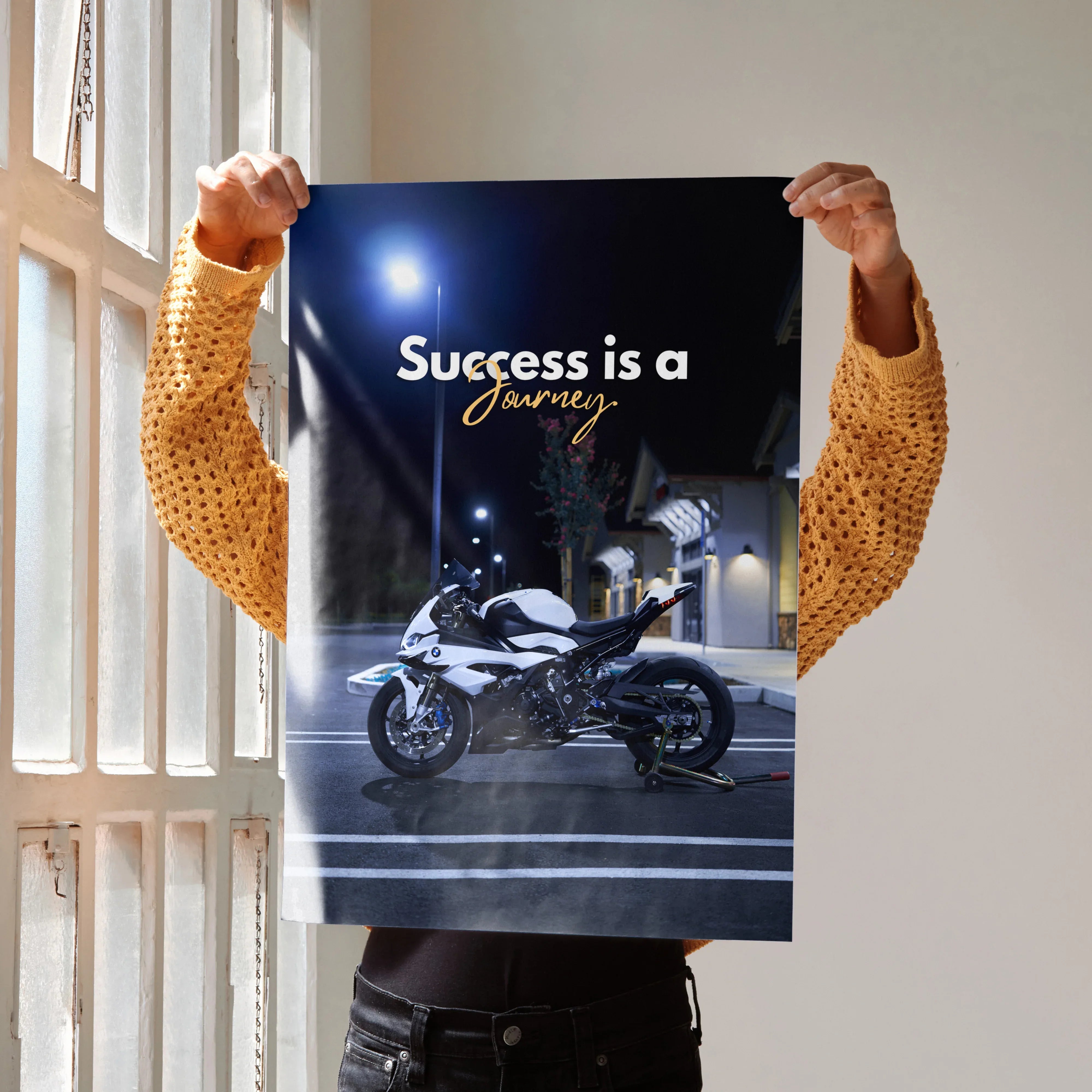 Motivational poster wall art featuring BMW S1000RR motorcycle with "Success is a Journey" text on dark background.