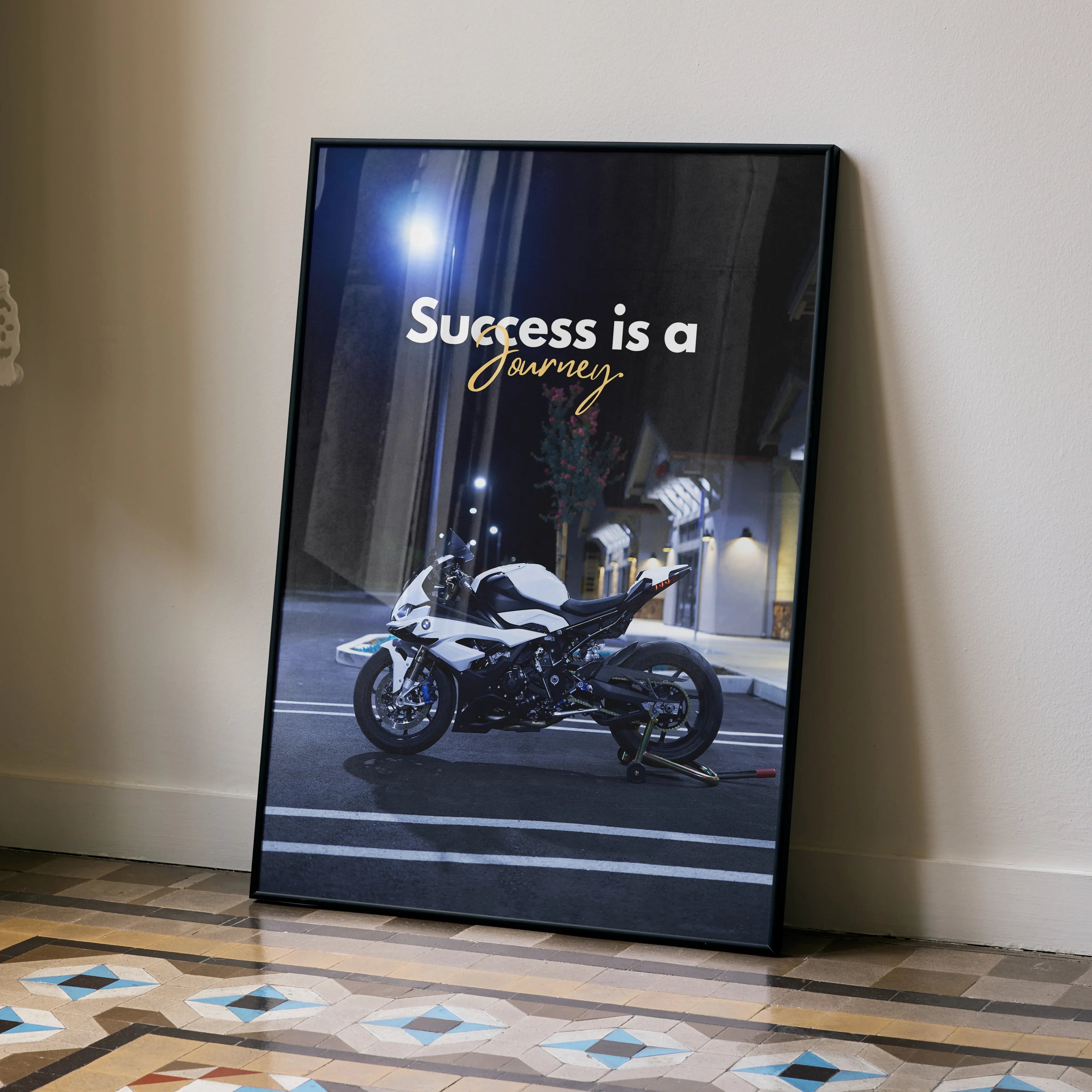 BMW S1000RR motivational poster with "Success is a Journey" text, modern wall art design.