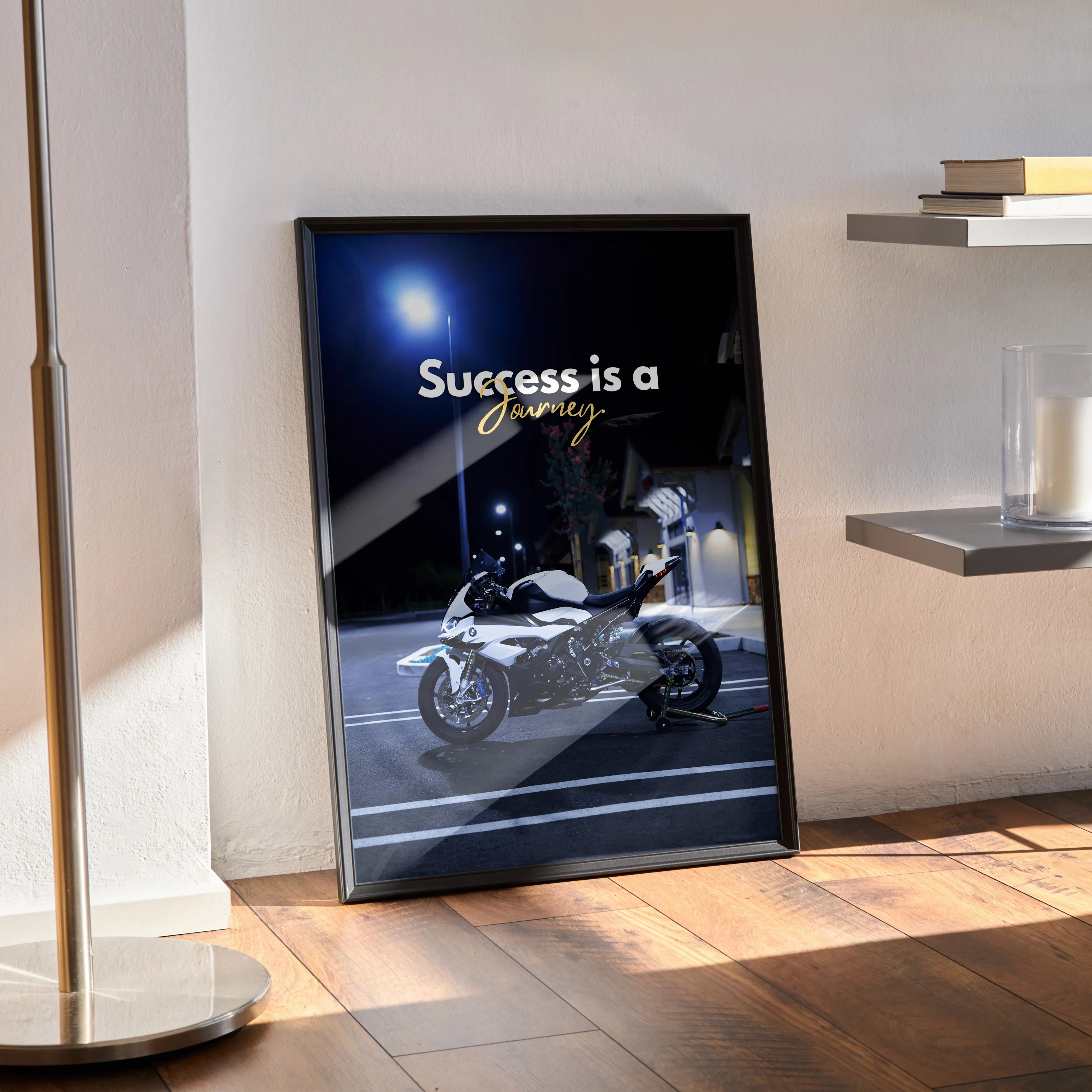 BMW S1000RR poster wall art with "Success is a Journey" motivational text in black frame.