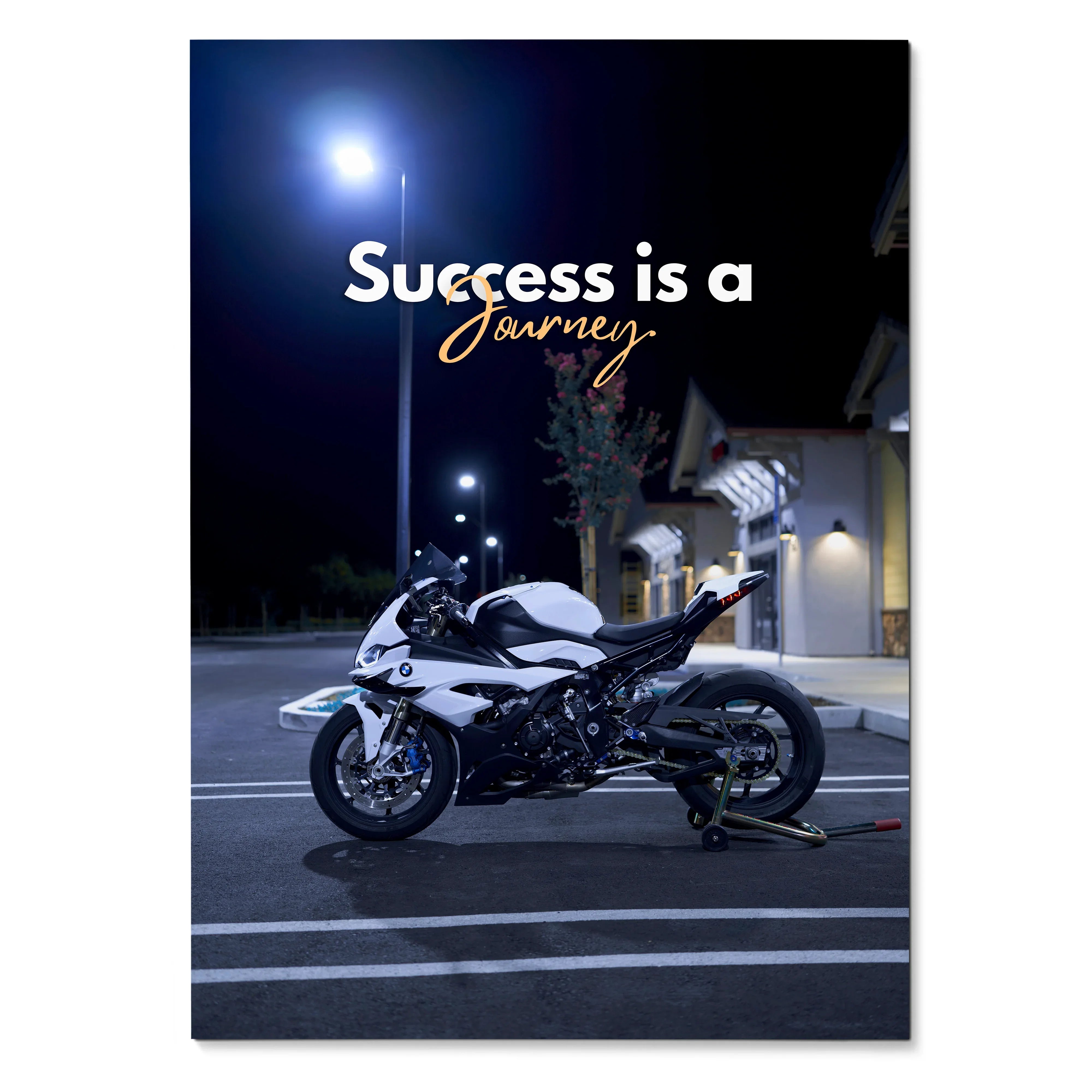 BMW S1000RR motorcycle poster with "Success is a Journey" motivational text wall art.