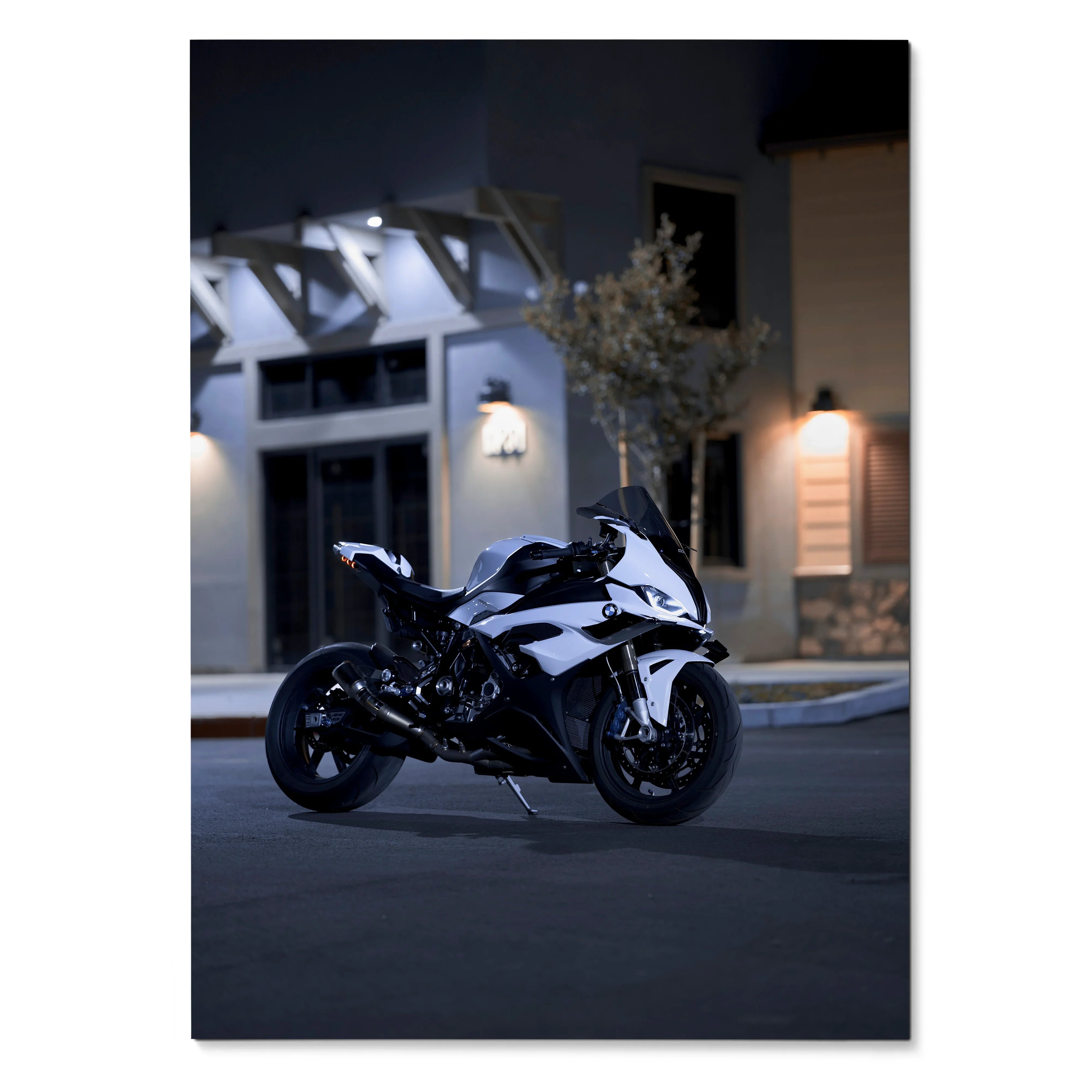 BMW S1000RR sport motorcycle at night wall art poster with dark urban background.