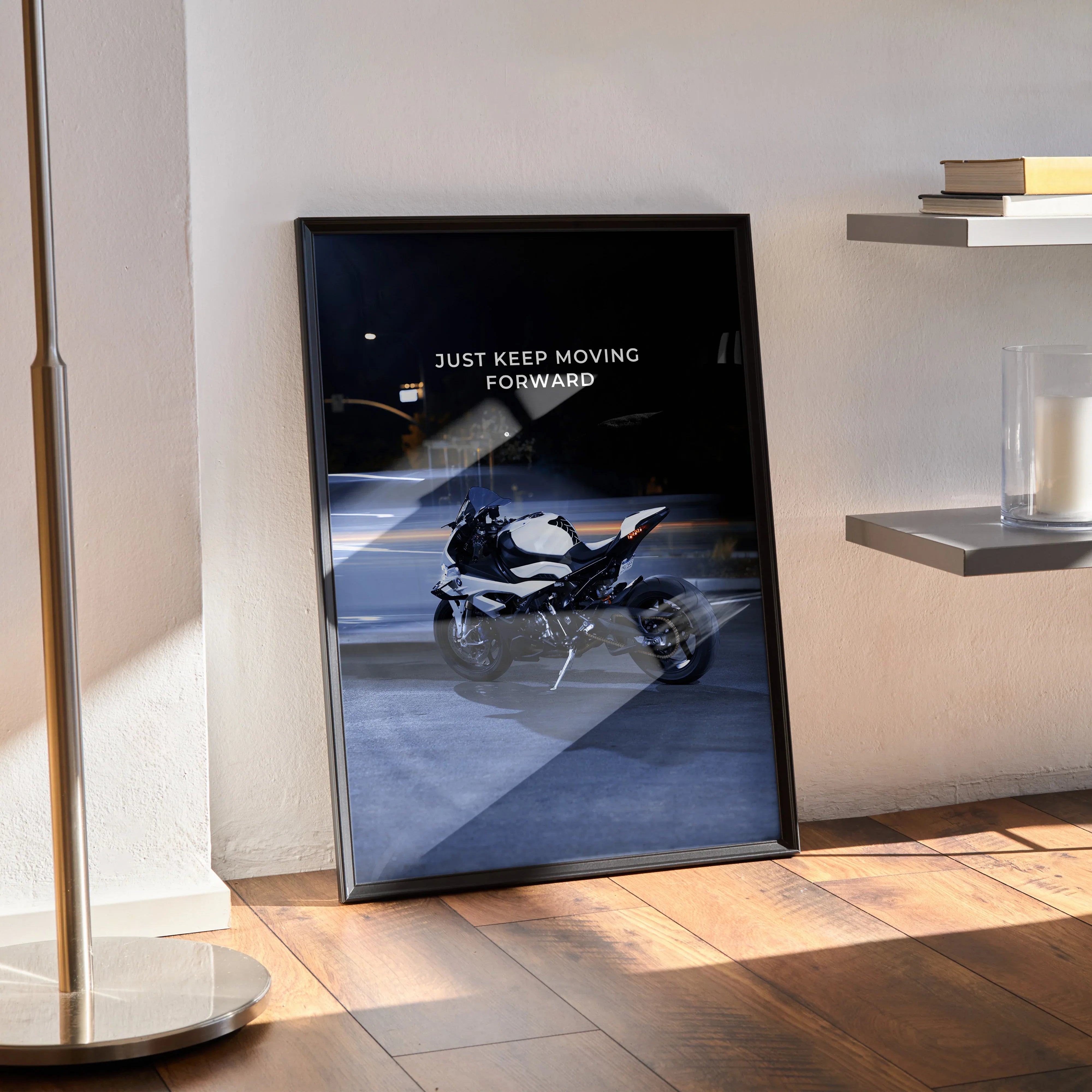 BMW S1000RR motorcycle poster with "Just Keep Moving Forward" motivational text, framed wall art.