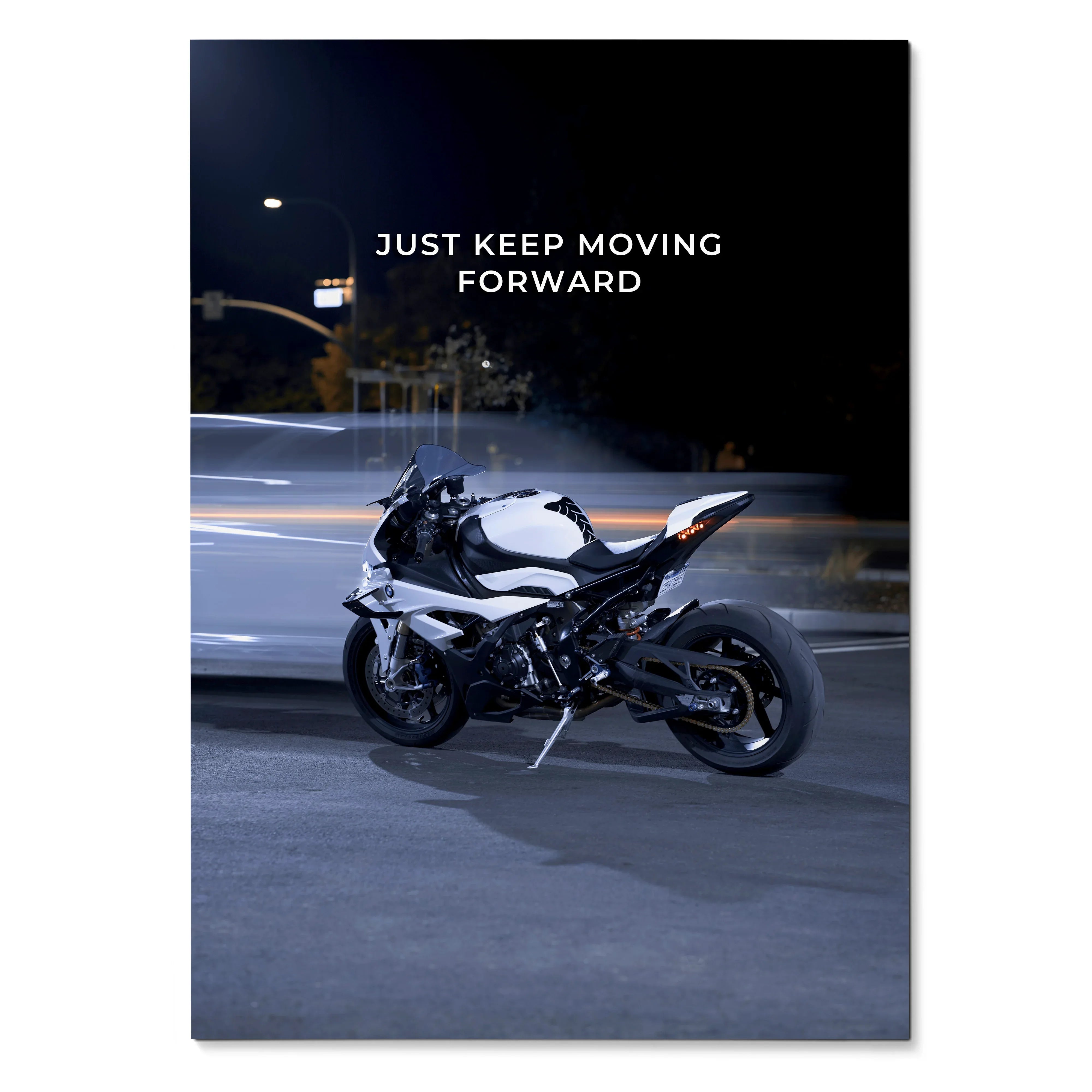 Motivational wall art poster featuring BMW S1000RR motorcycle with "Just Keep Moving Forward" text on dark urban background.