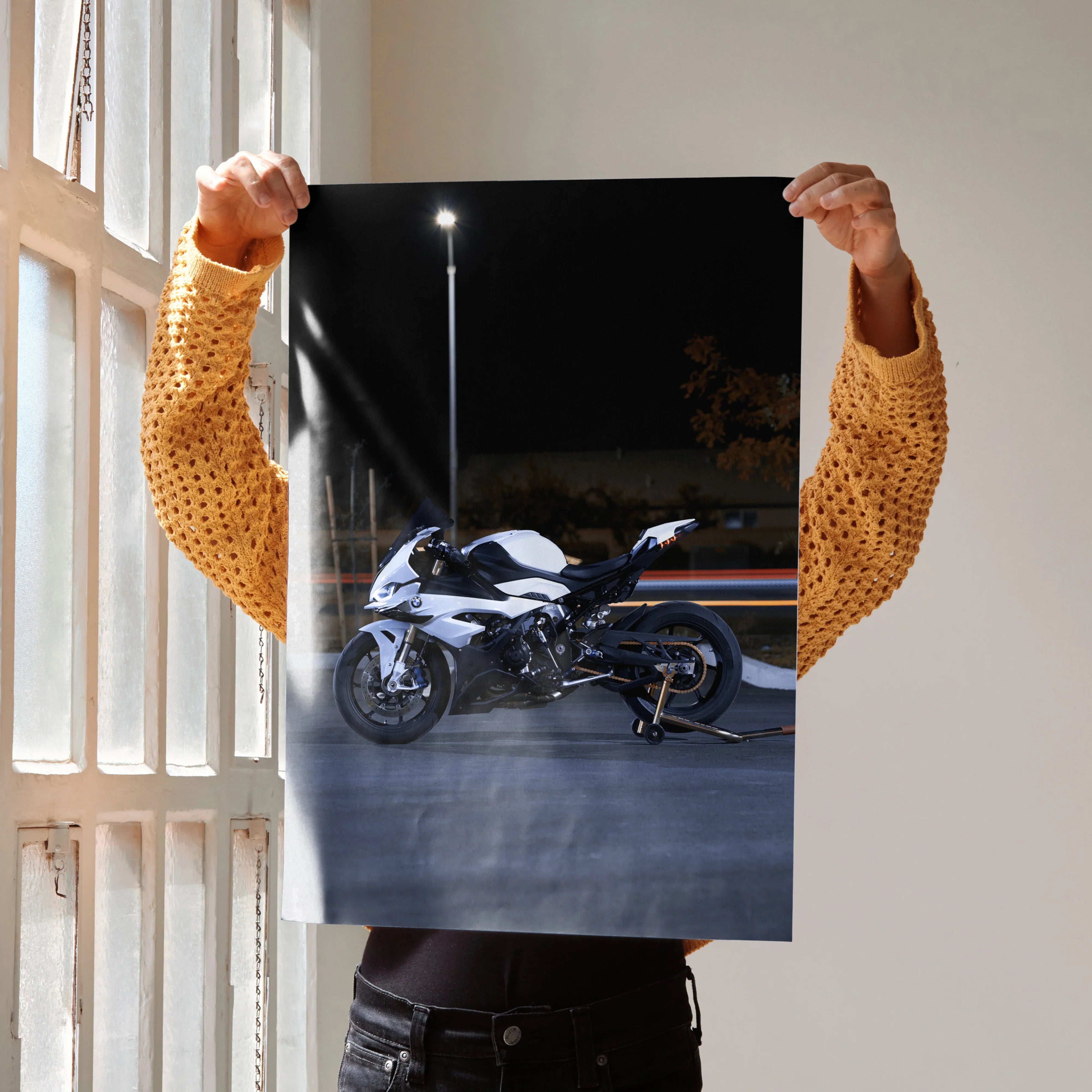 BMW S1000RR motorcycle poster with sleek black and white design, modern wall art.