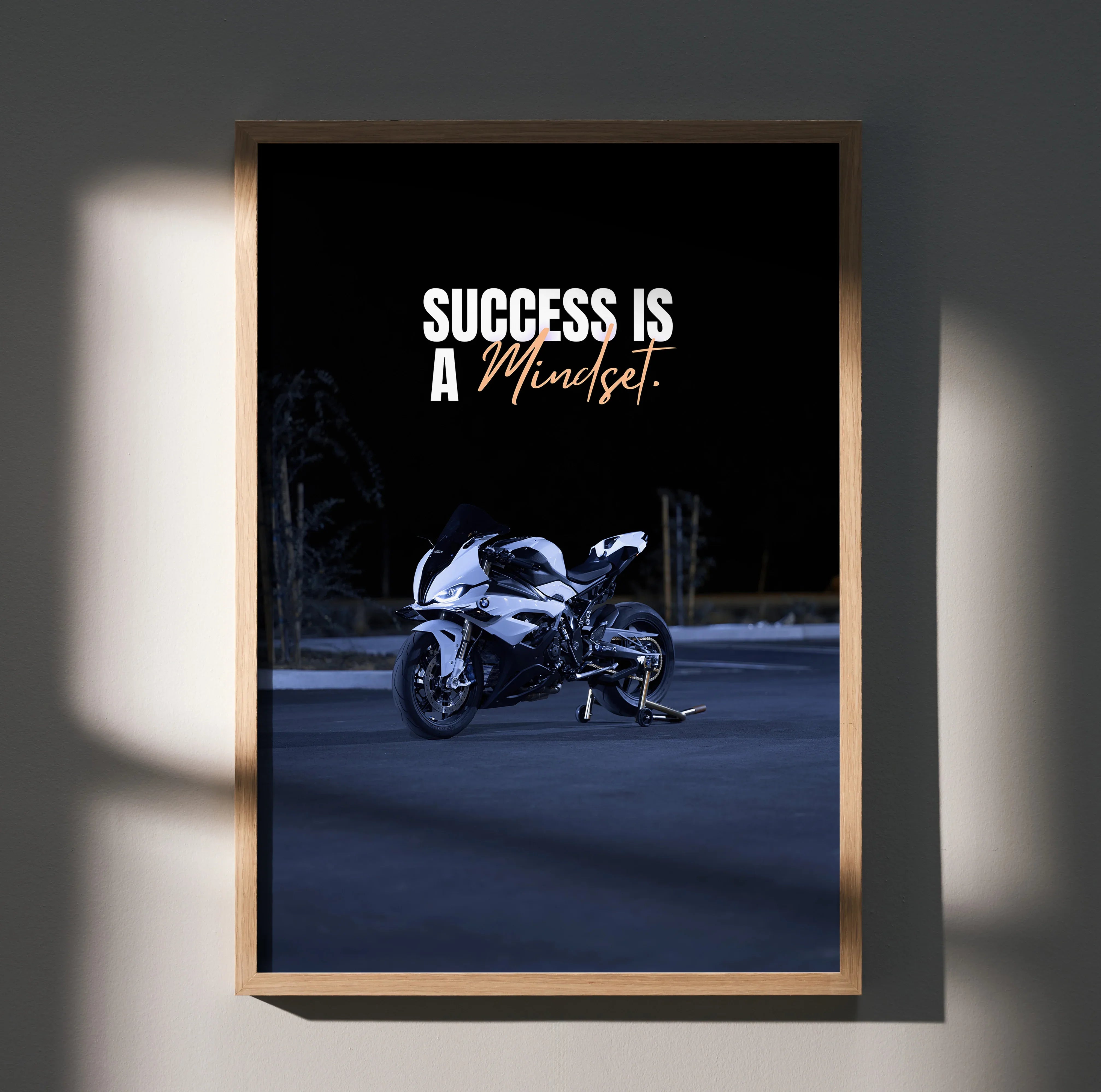 Motivational poster wall art featuring BMW S1000RR motorcycle with "Success is a mindset" text on black background.
