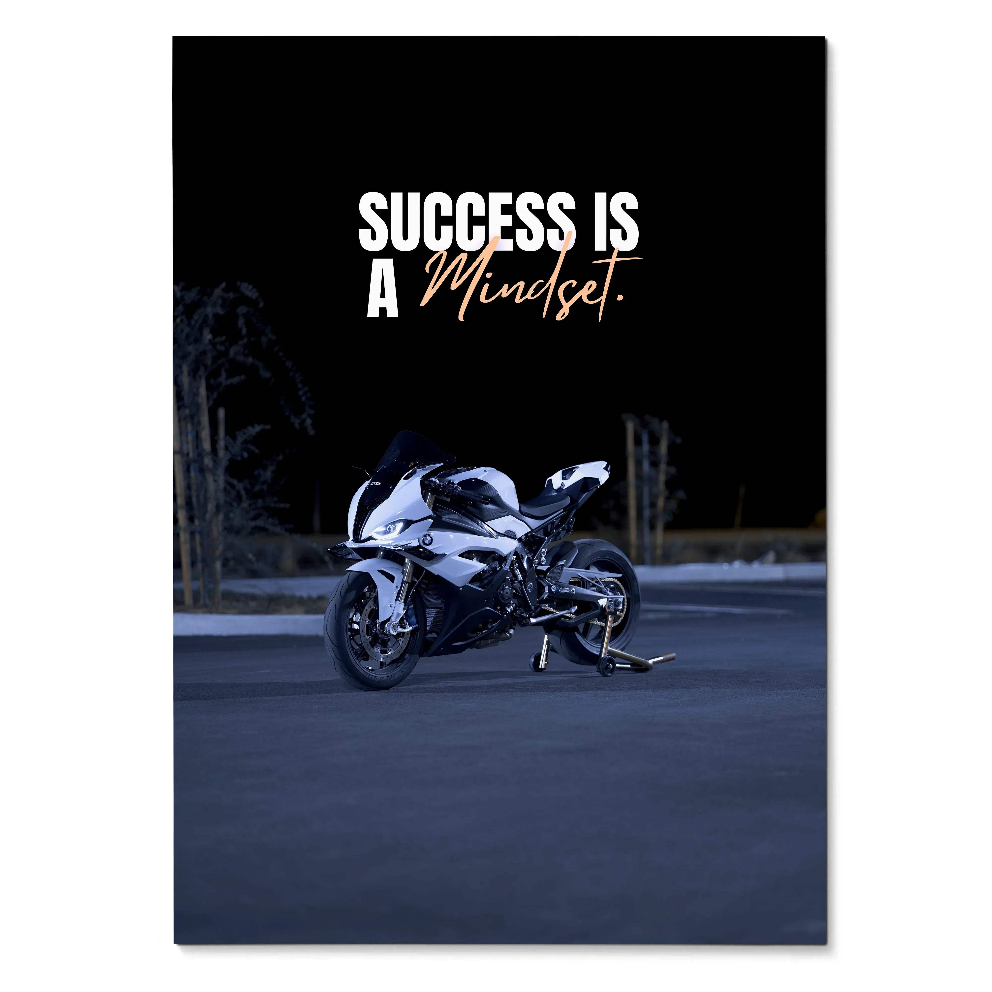 Motivational poster with white and black BMW S1000RR motorcycle and "Success is a Mindset" text on black background wall art.