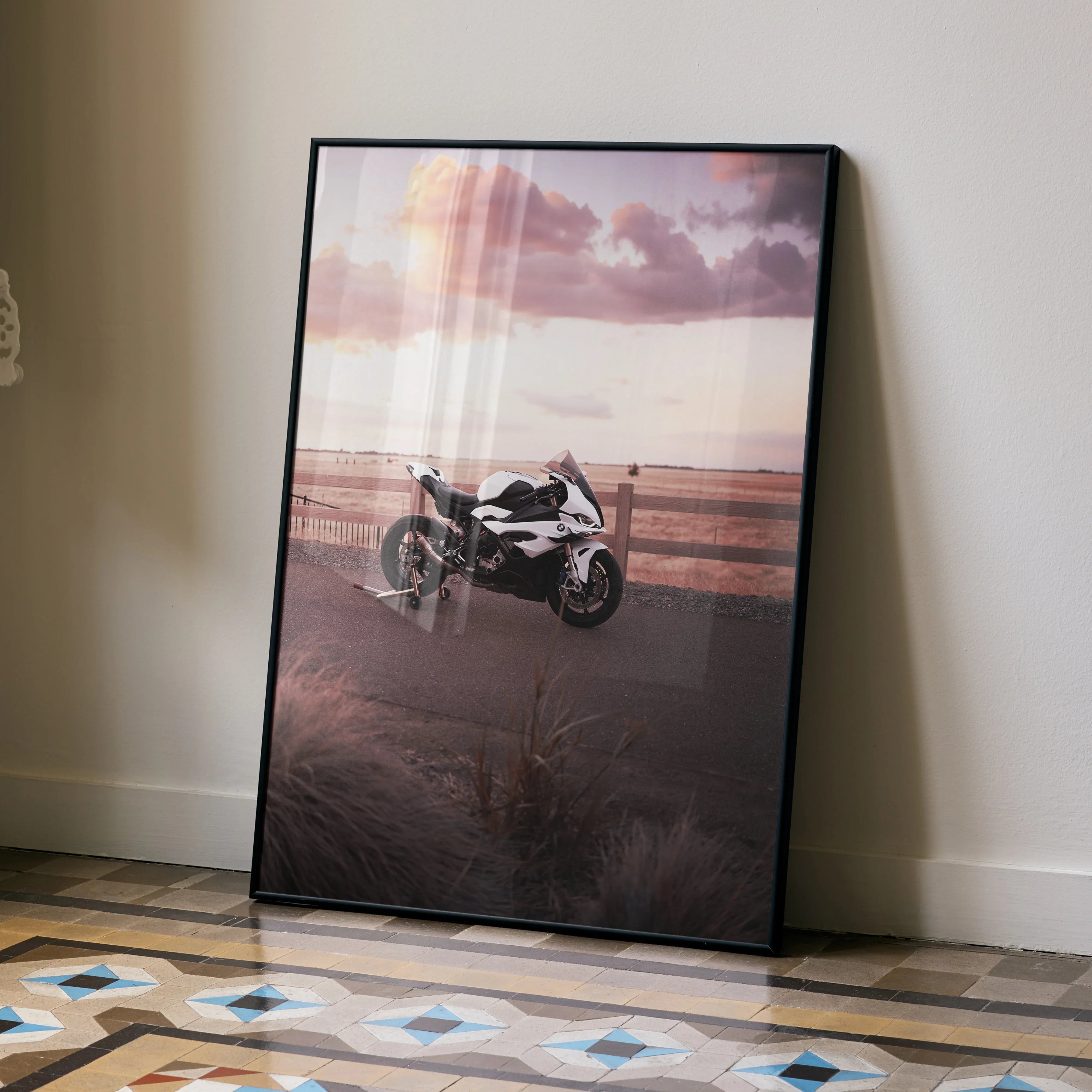 BMW S1000RR motorcycle poster wall art with sunset and road background in premium satin finish.