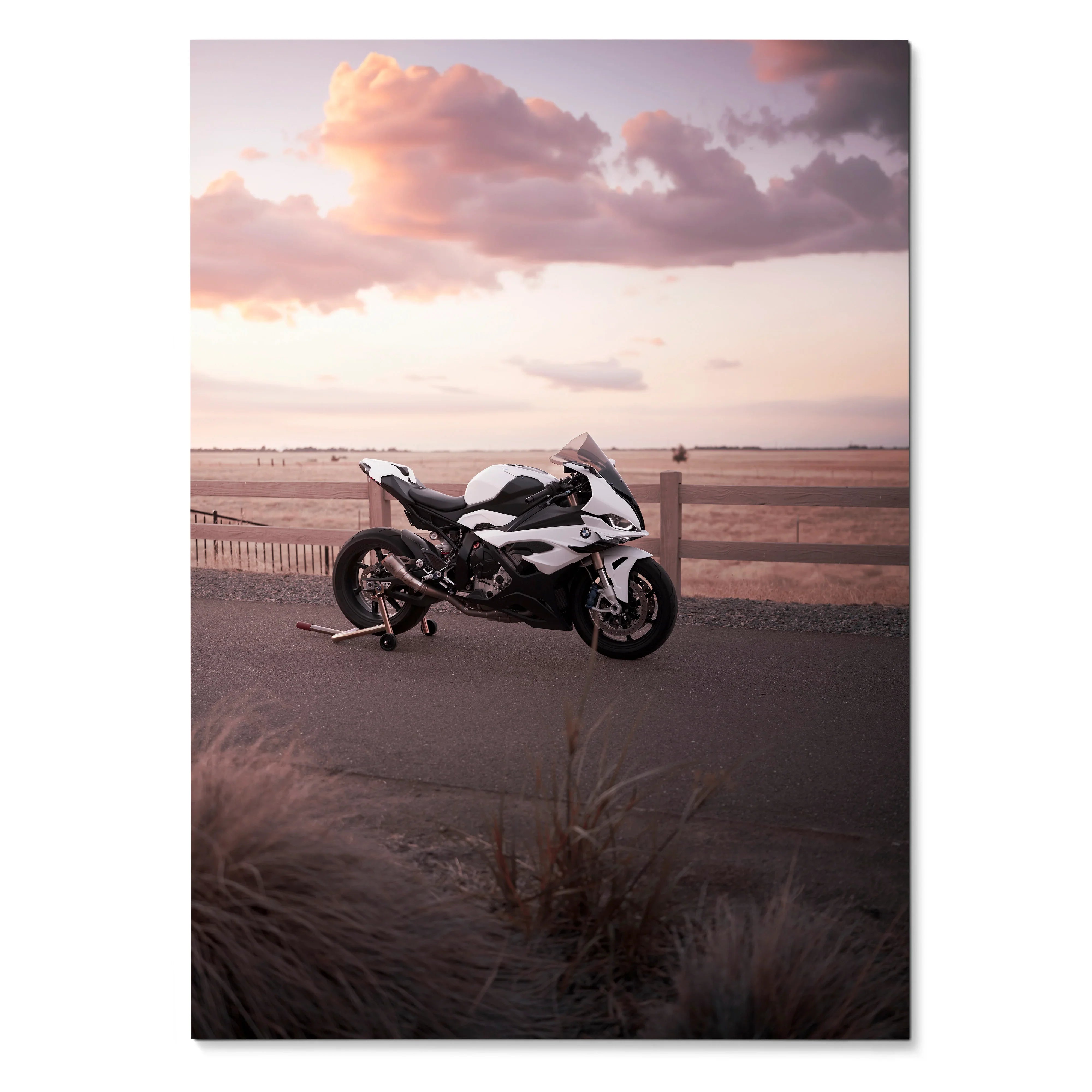 BMW S1000RR motorcycle poster with sunset beach background, premium satin wall art.