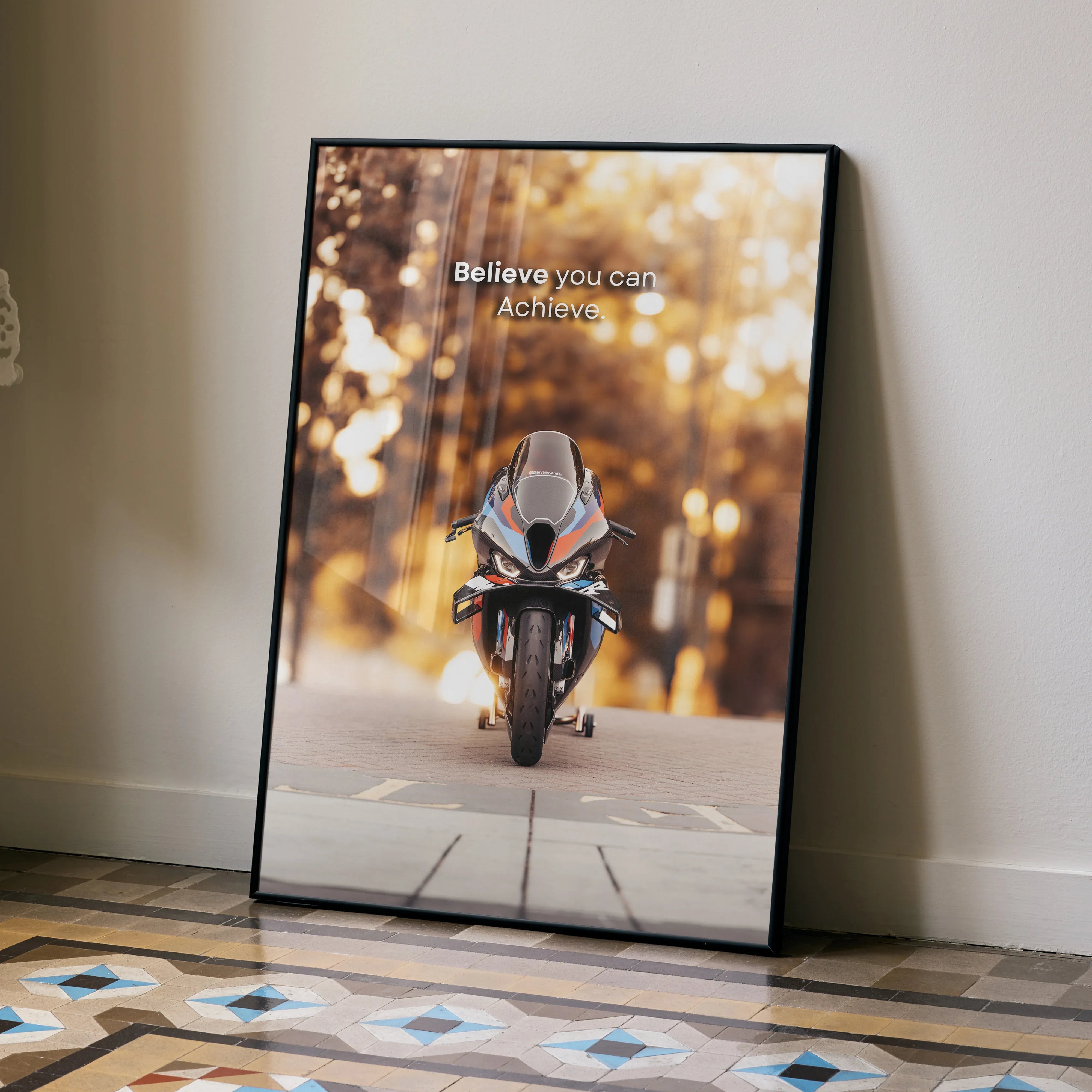 BMW M1000RR motorcycle motivational poster with inspiring text, modern wall art in black frame.