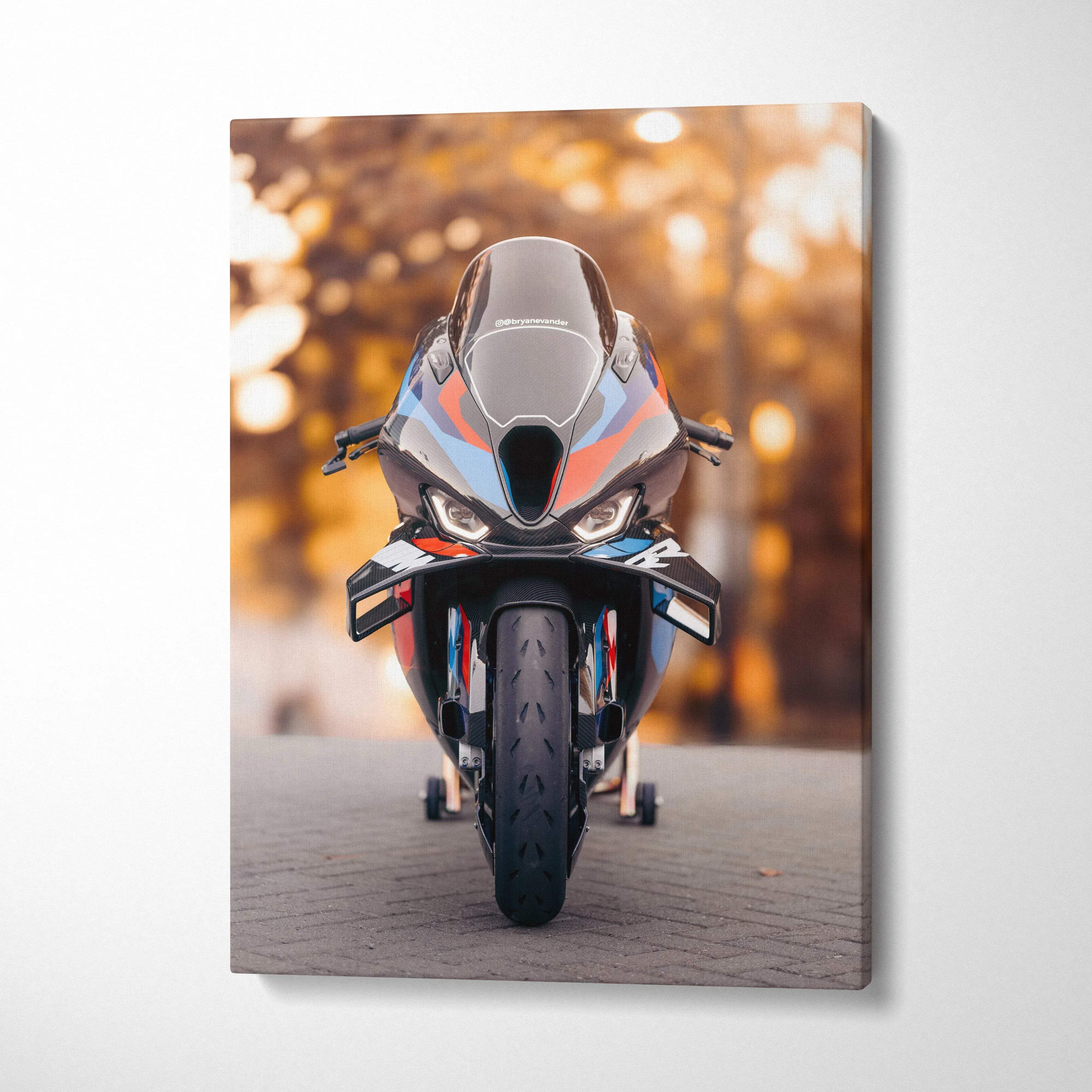 Vertical canvas art of BMW M1000RR motorcycle front view with warm autumn background wall art.