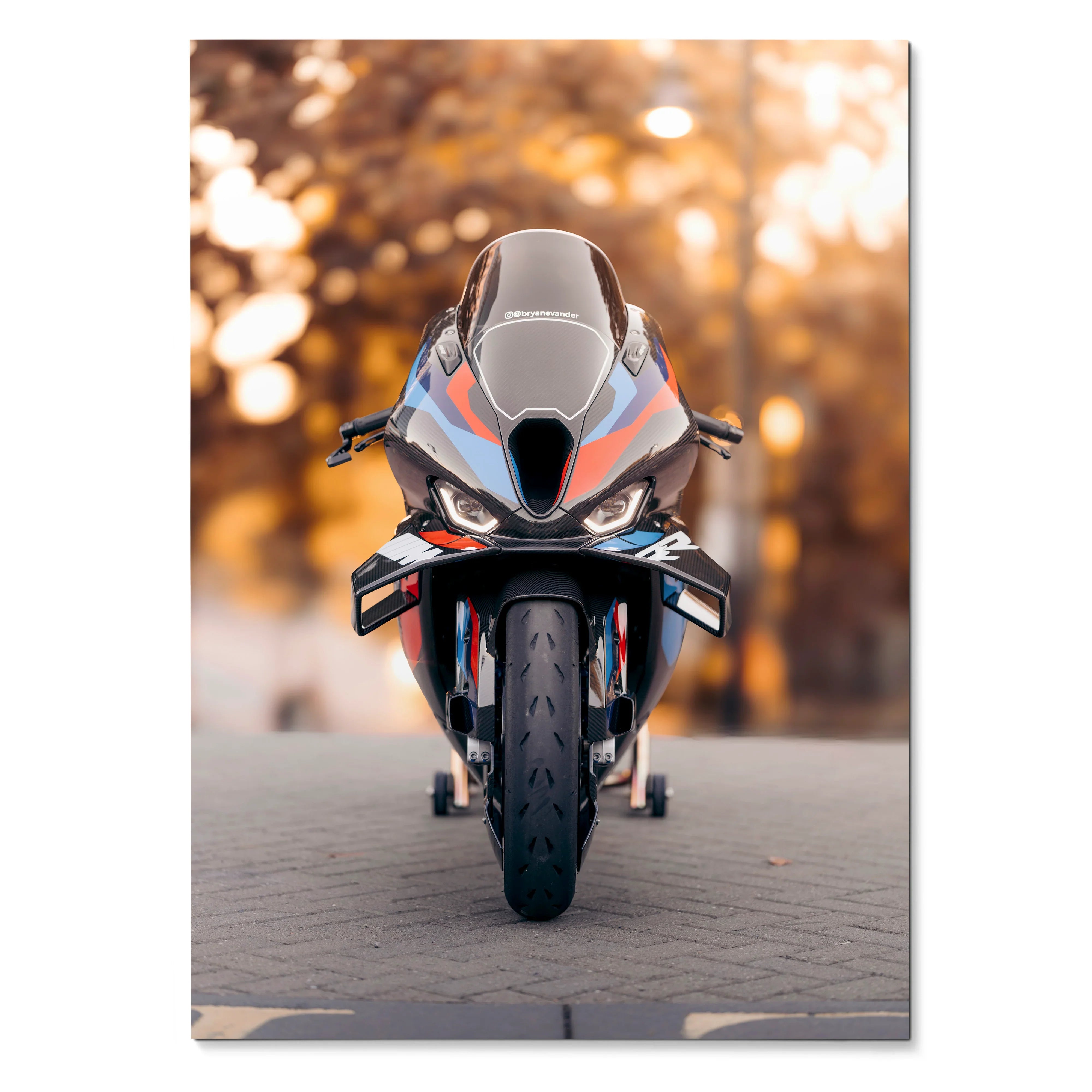 BMW M1000RR motorcycle poster with sleek black and red detailing, premium wall art with autumn background.