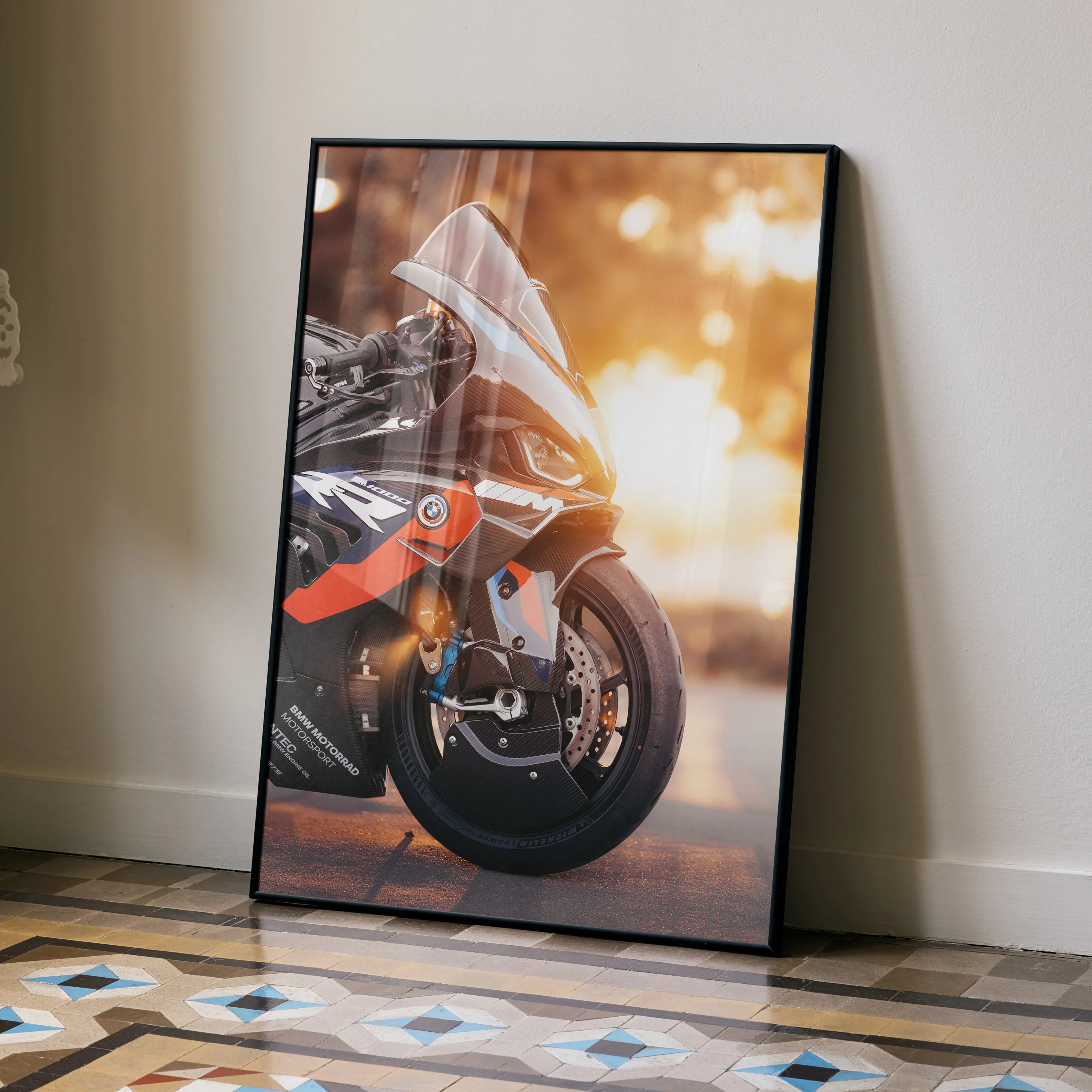BMW M1000RR motorcycle close-up poster with sunset glow, premium satin wall art.