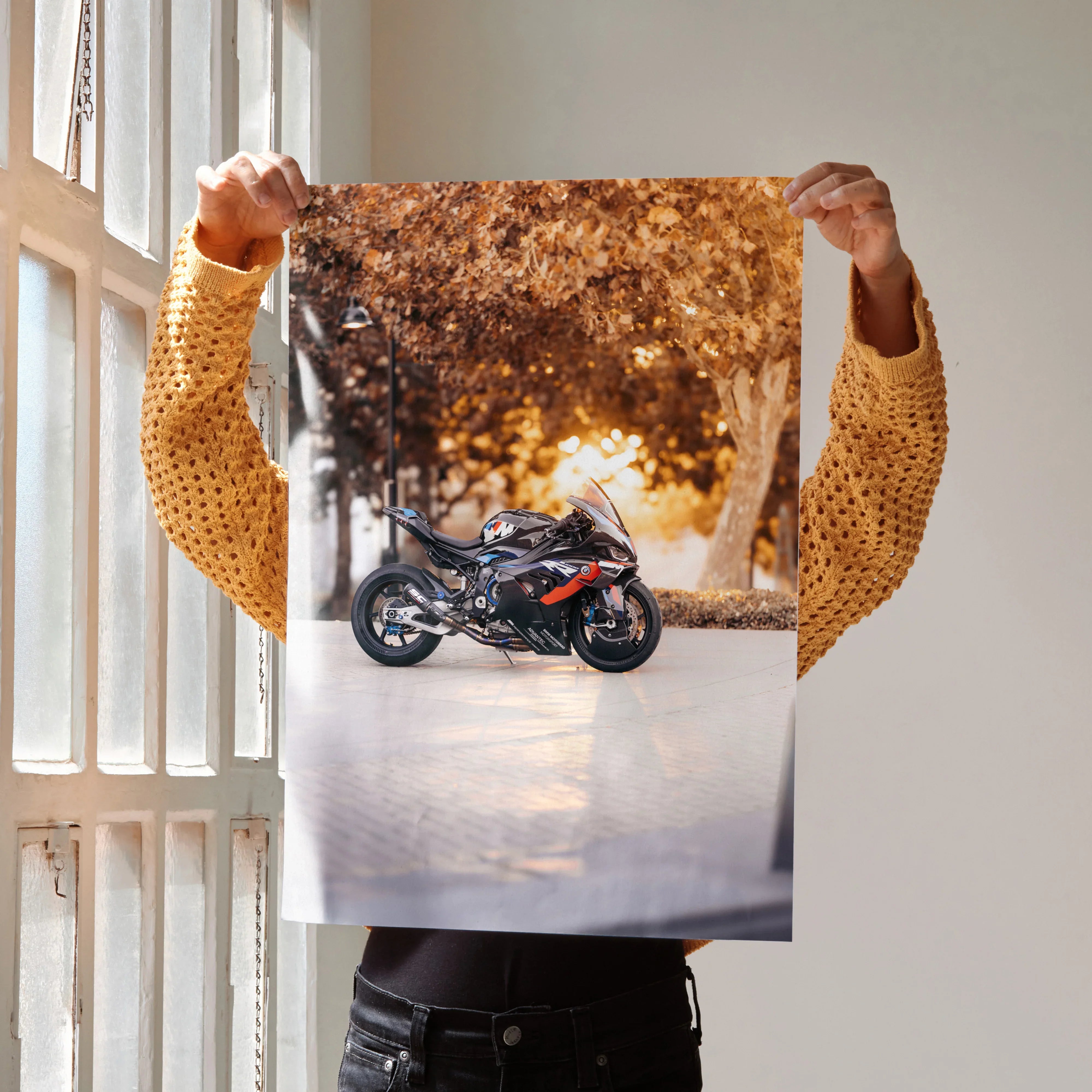 BMW M1000RR motorcycle poster with sunset and autumn trees, premium wall art.