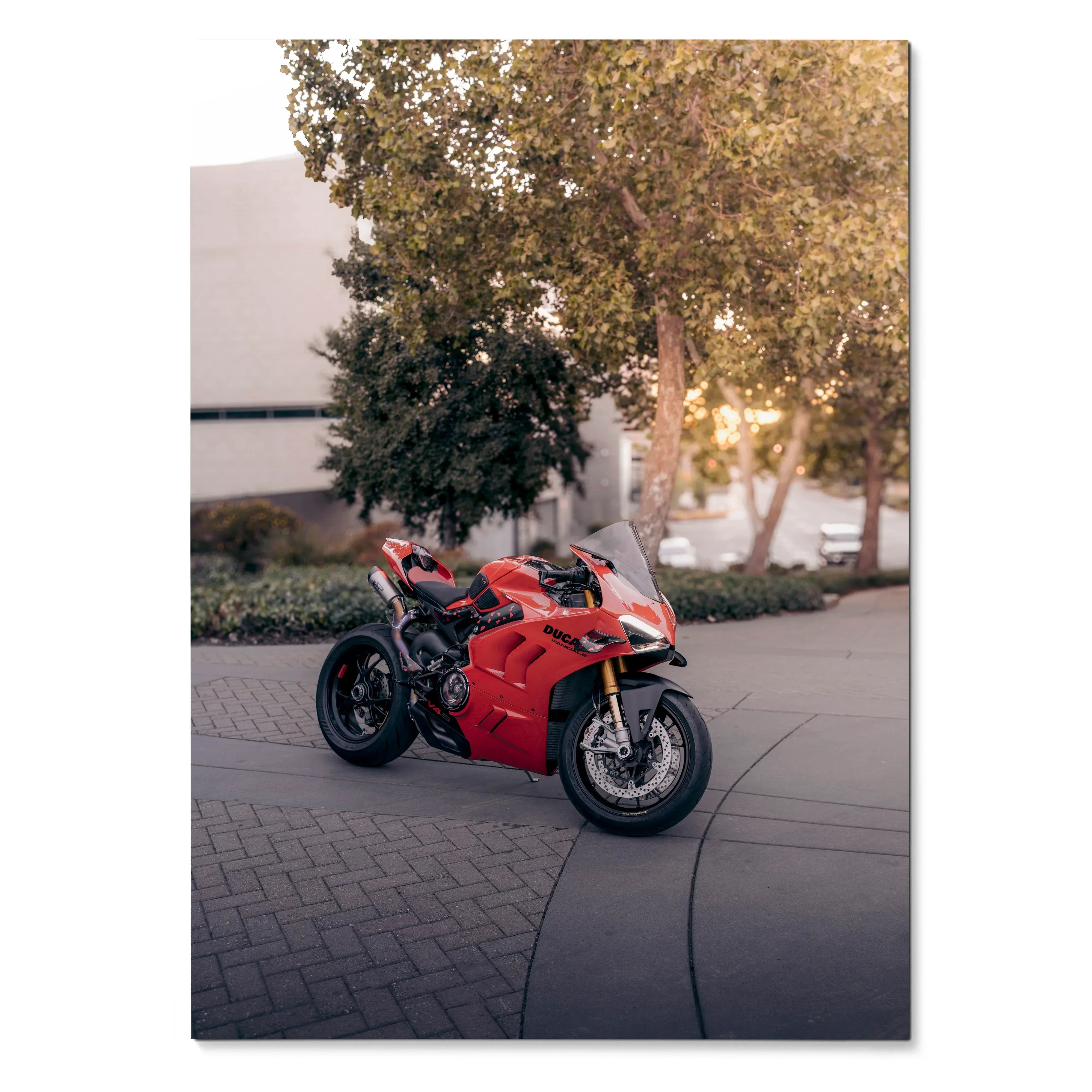 Ducati Panigale V4S red sport motorcycle parked outdoors, motorcycle poster wall art.