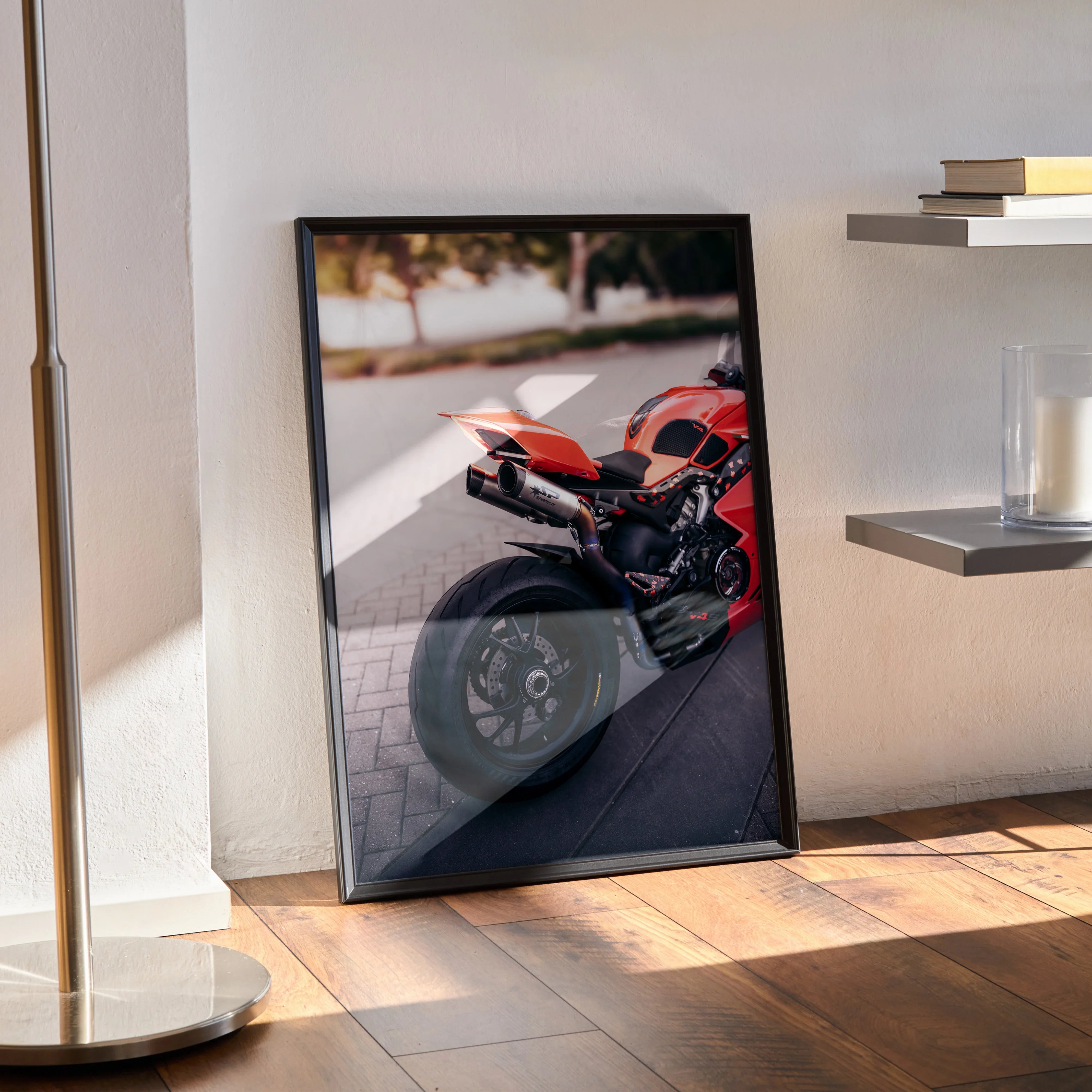 Ducati Panigale V4S motorcycle poster with black frame leaning against wall on wooden floor wall art.