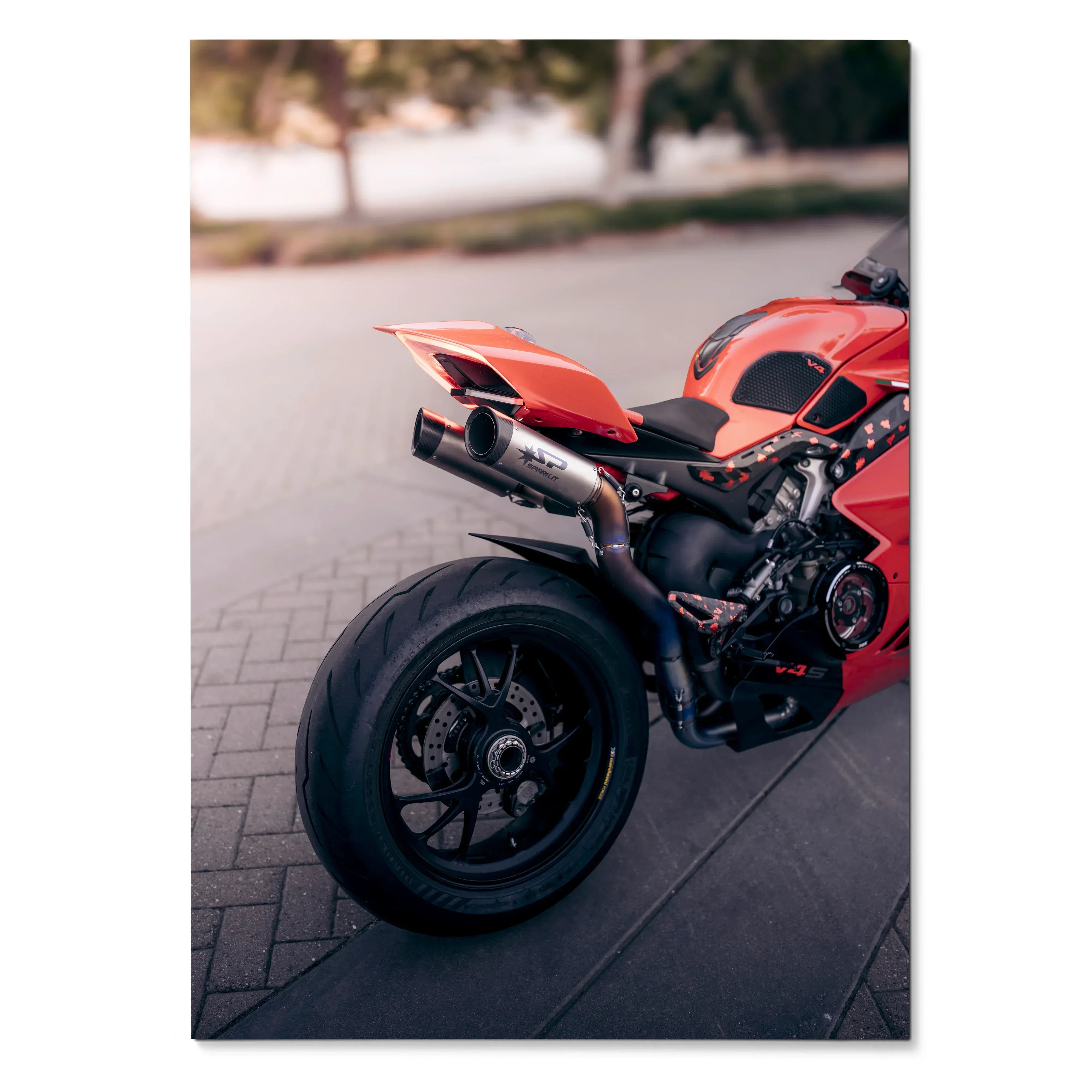 Ducati Panigale V4S motorcycle rear detail on Poster wall art with red body and black tire.