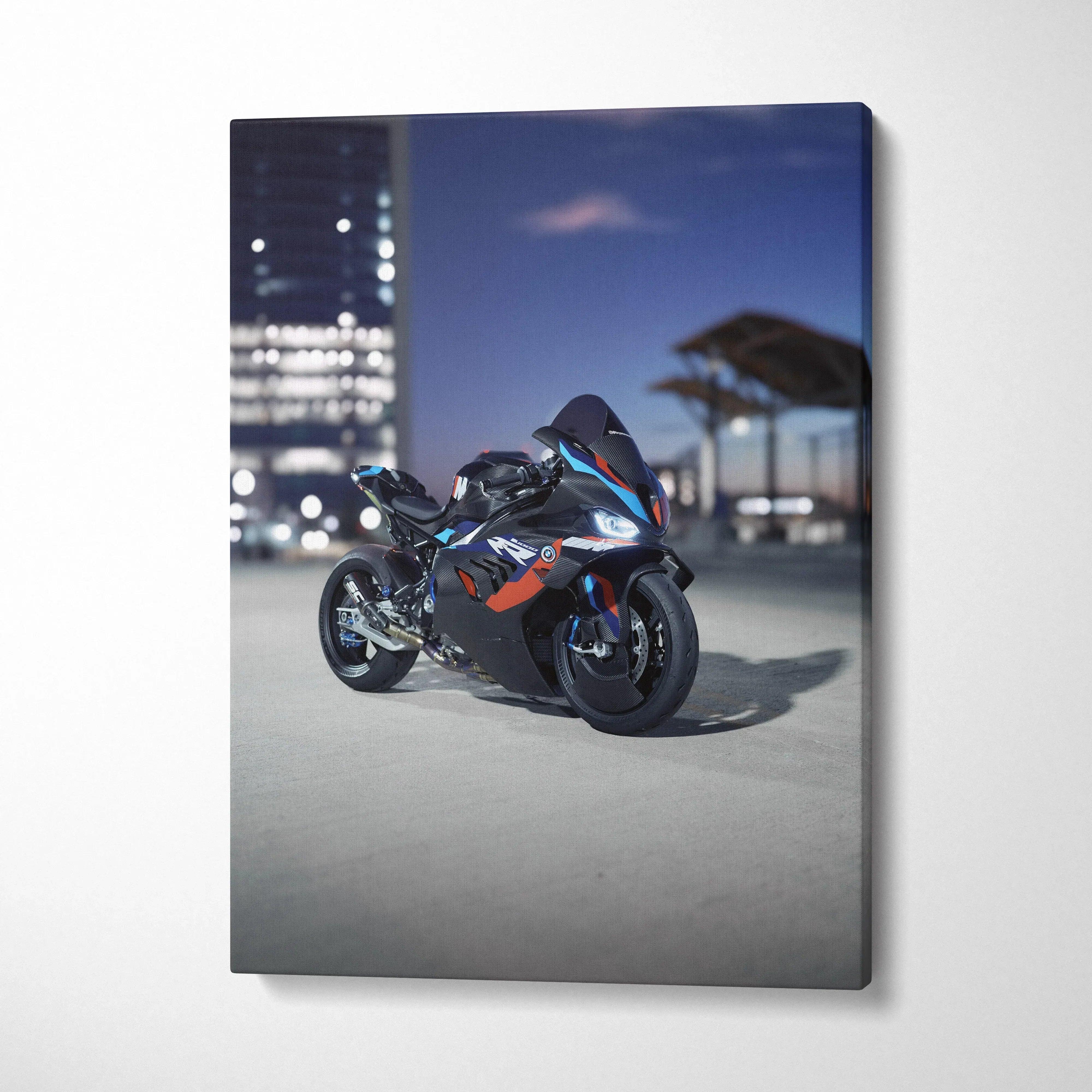 BMW M1000RR motorcycle canvas art with night city background, vertical wall art print.