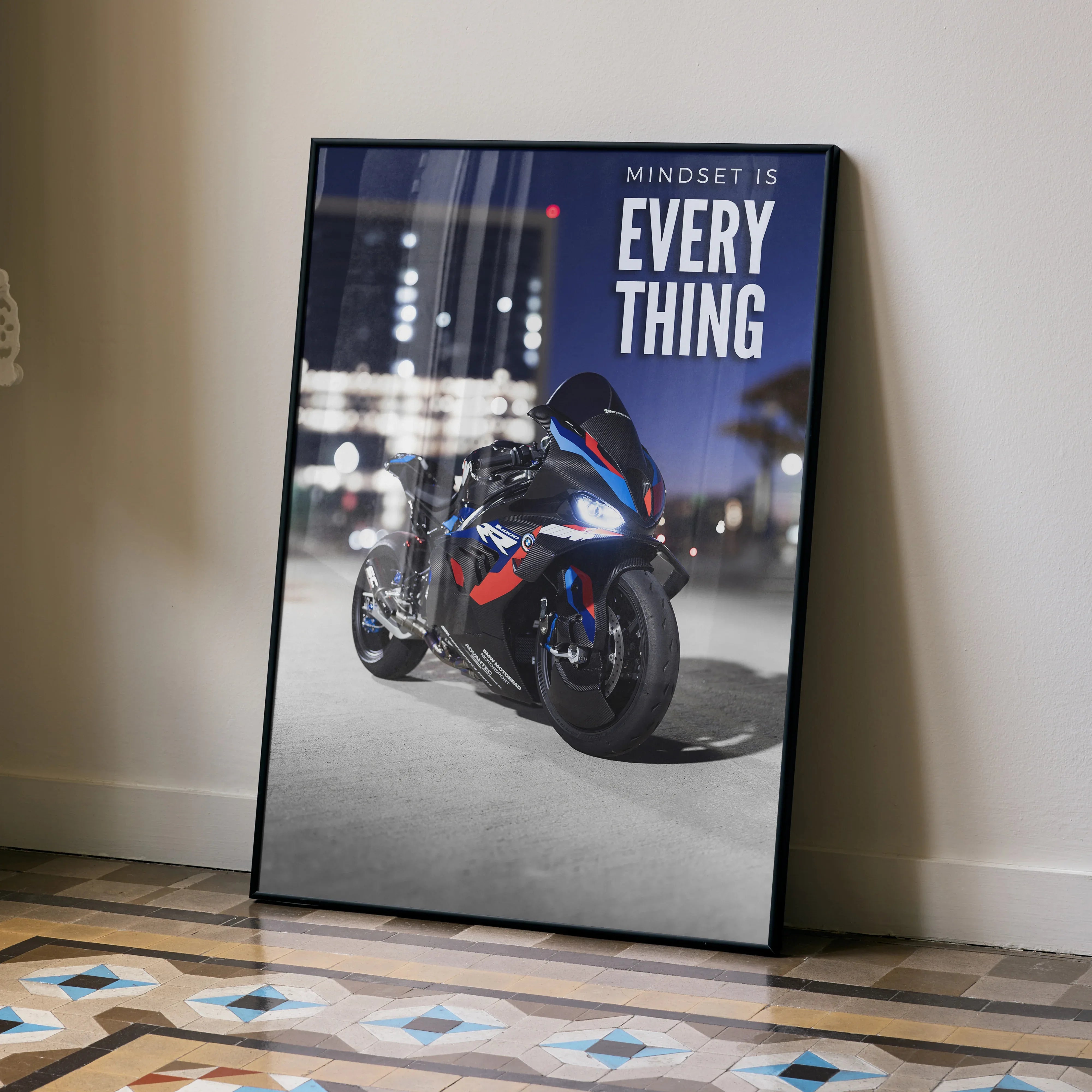 Poster wall art featuring a BMW M1000RR motorcycle with "Mindset is Everything" inspiring text.