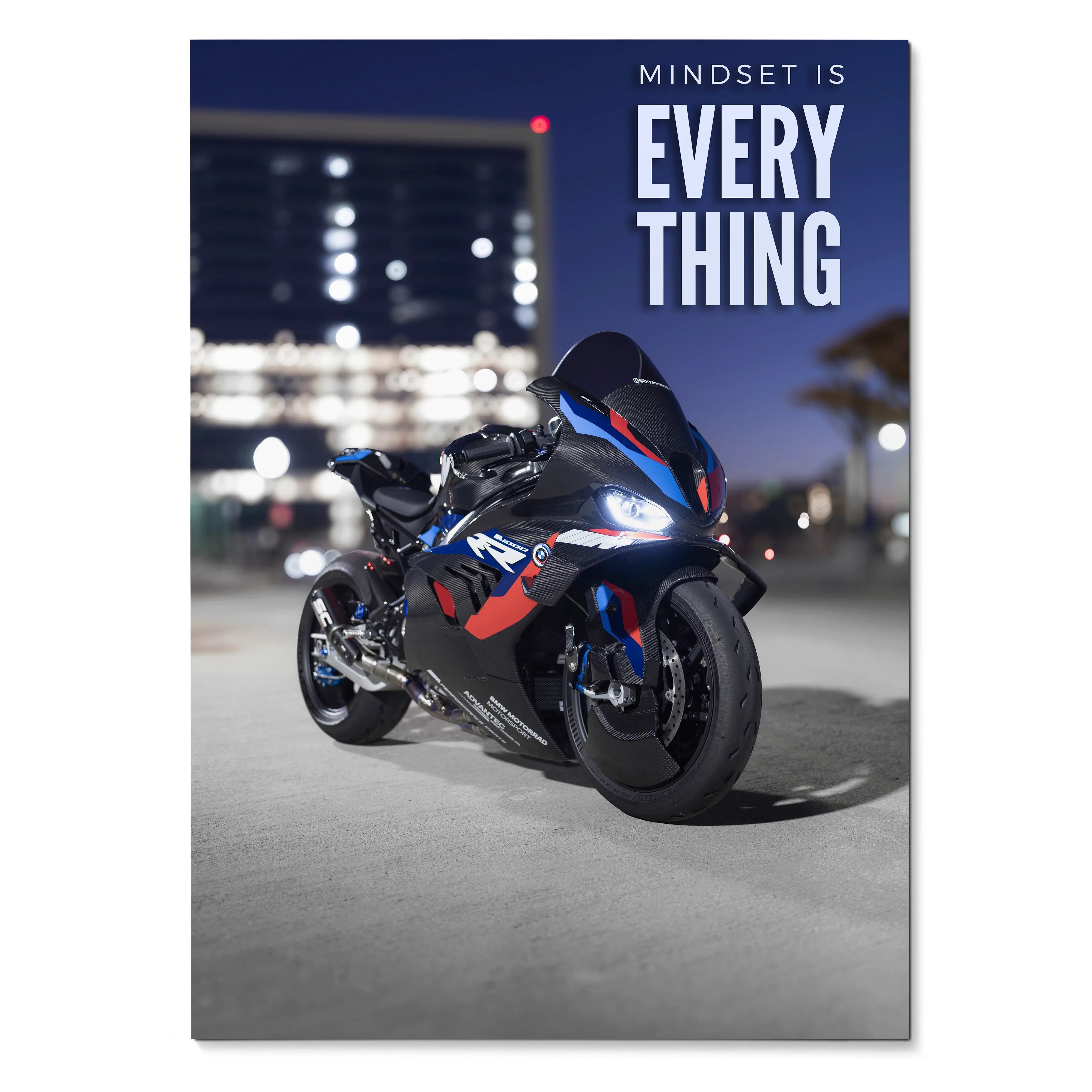 BMW M1000RR motorcycle poster with "Mindset is Everything" motivational text, night city background wall art.