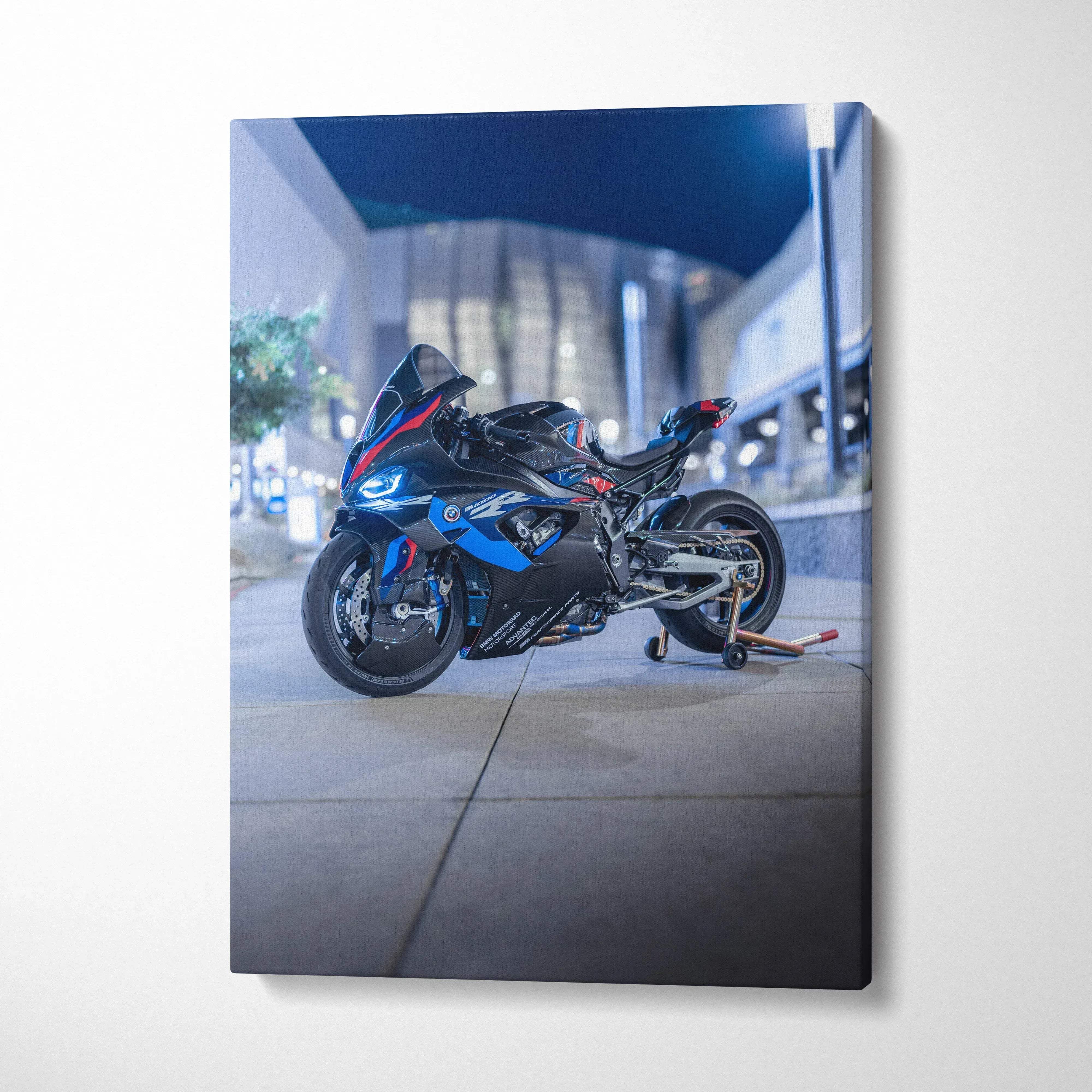 BMW M1000RR motorcycle canvas art with night city background, vertical wall art print.