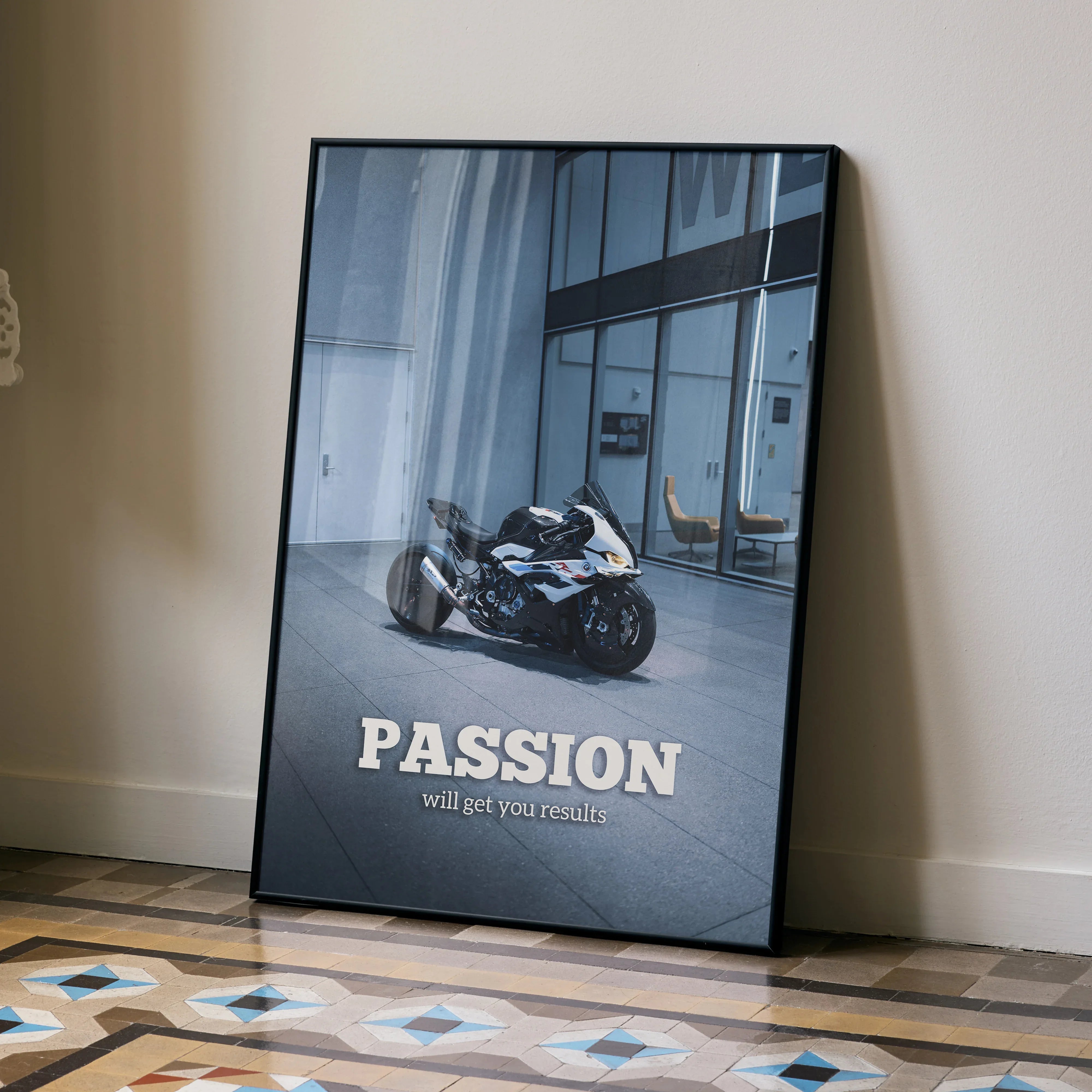 BMW S1000RR Drag Spec motivational poster wall art with bold "PASSION" text and sleek motorcycle image.