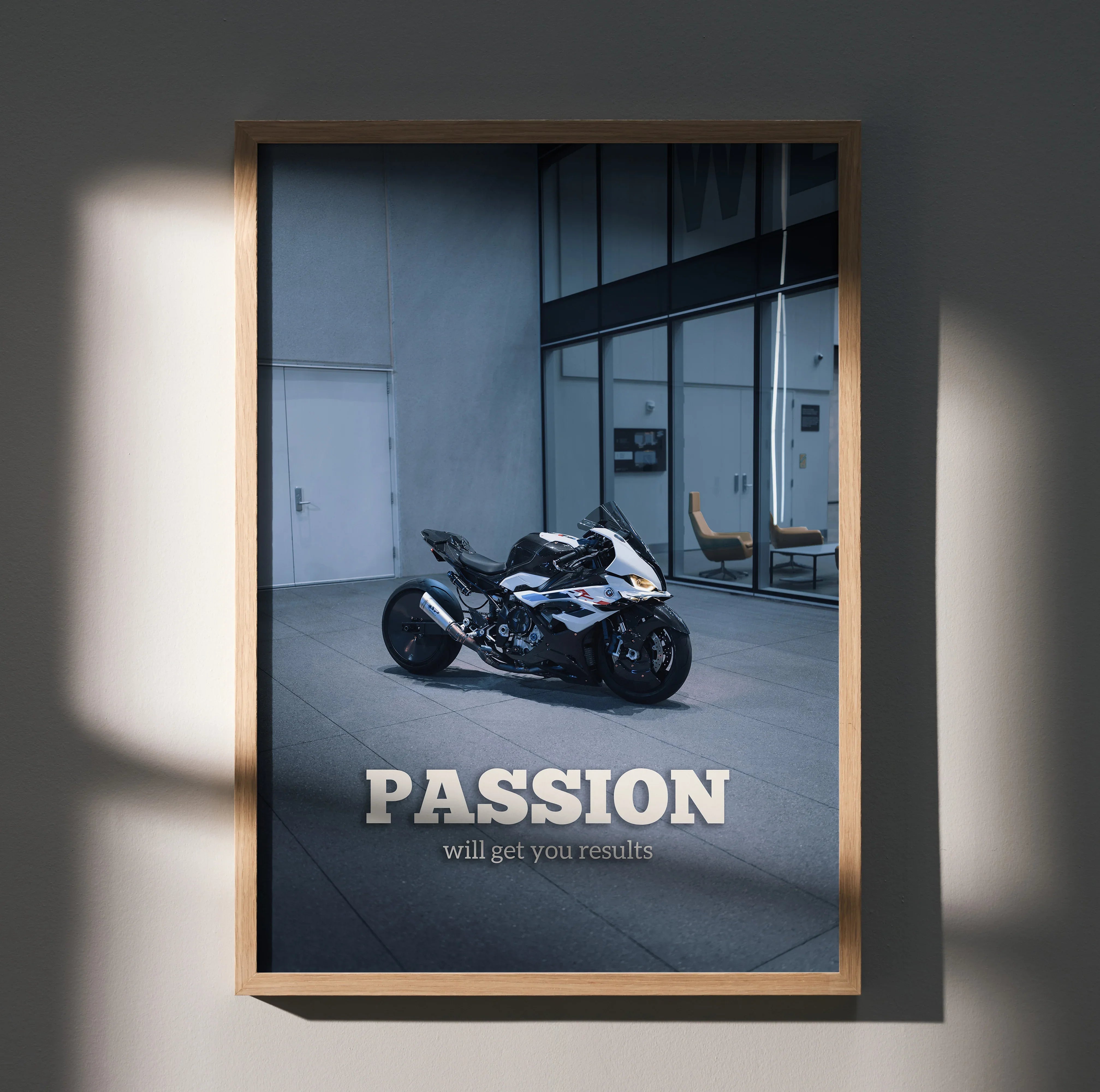 Motivational poster wall art featuring BMW S1000RR drag spec motorcycle with "Passion will get you there" text.