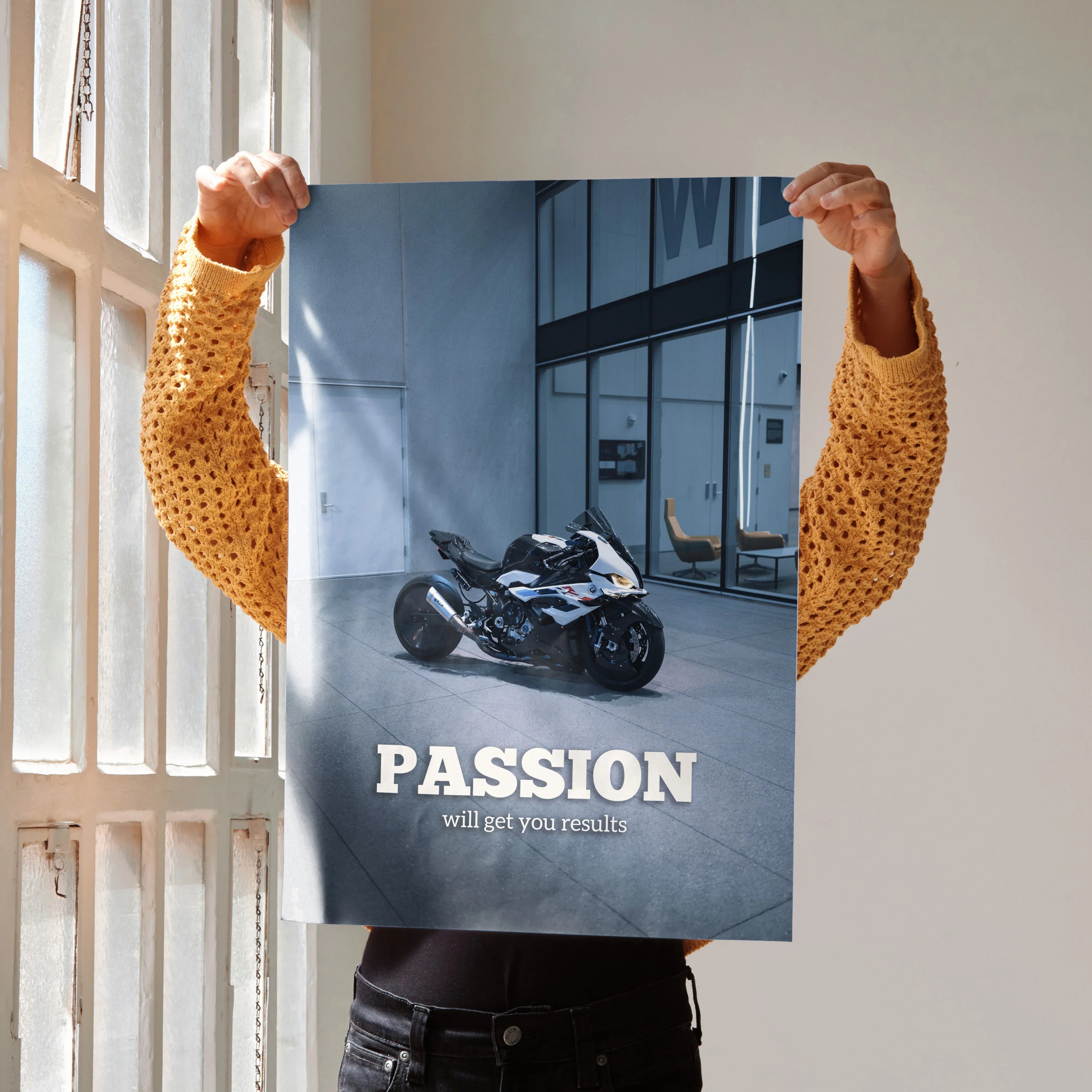 Motivational poster wall art featuring BMW S1000RR drag spec motorcycle with bold "Passion" text.