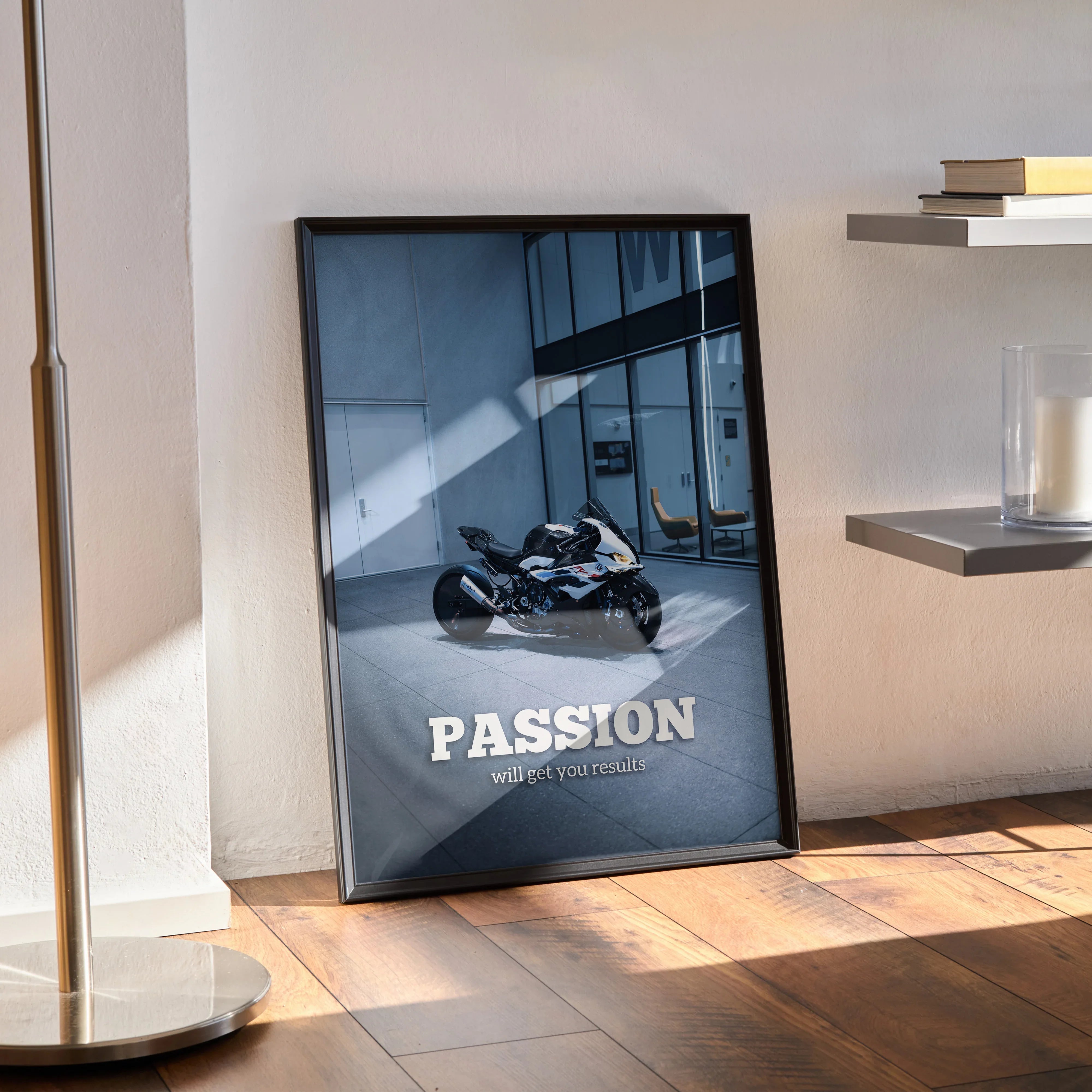 BMW S1000RR Drag Spec motorcycle motivational poster with "PASSION" text framed wall art.