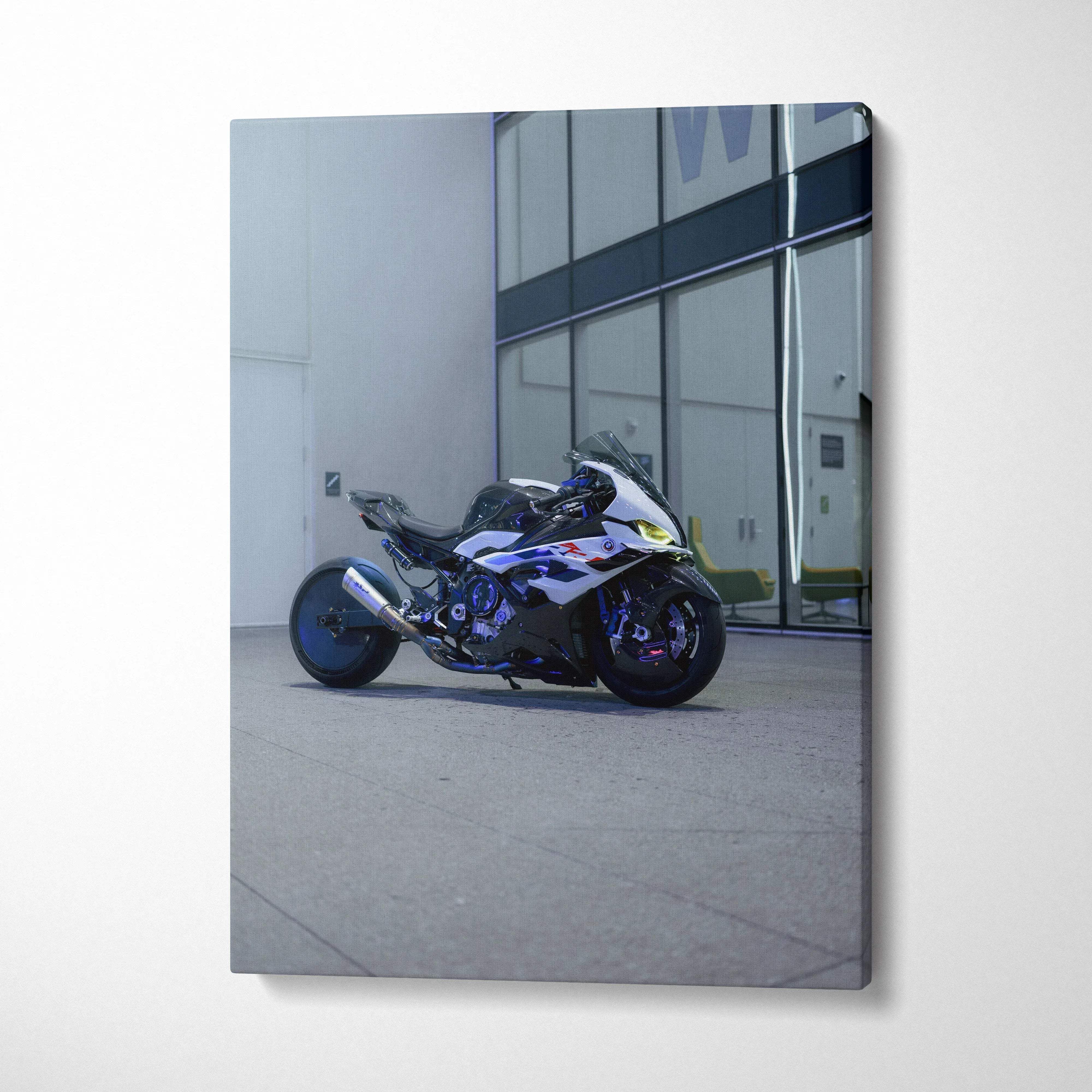 BMW S1000RR motorcycle canvas art with reflective glass background wall art vertical print.