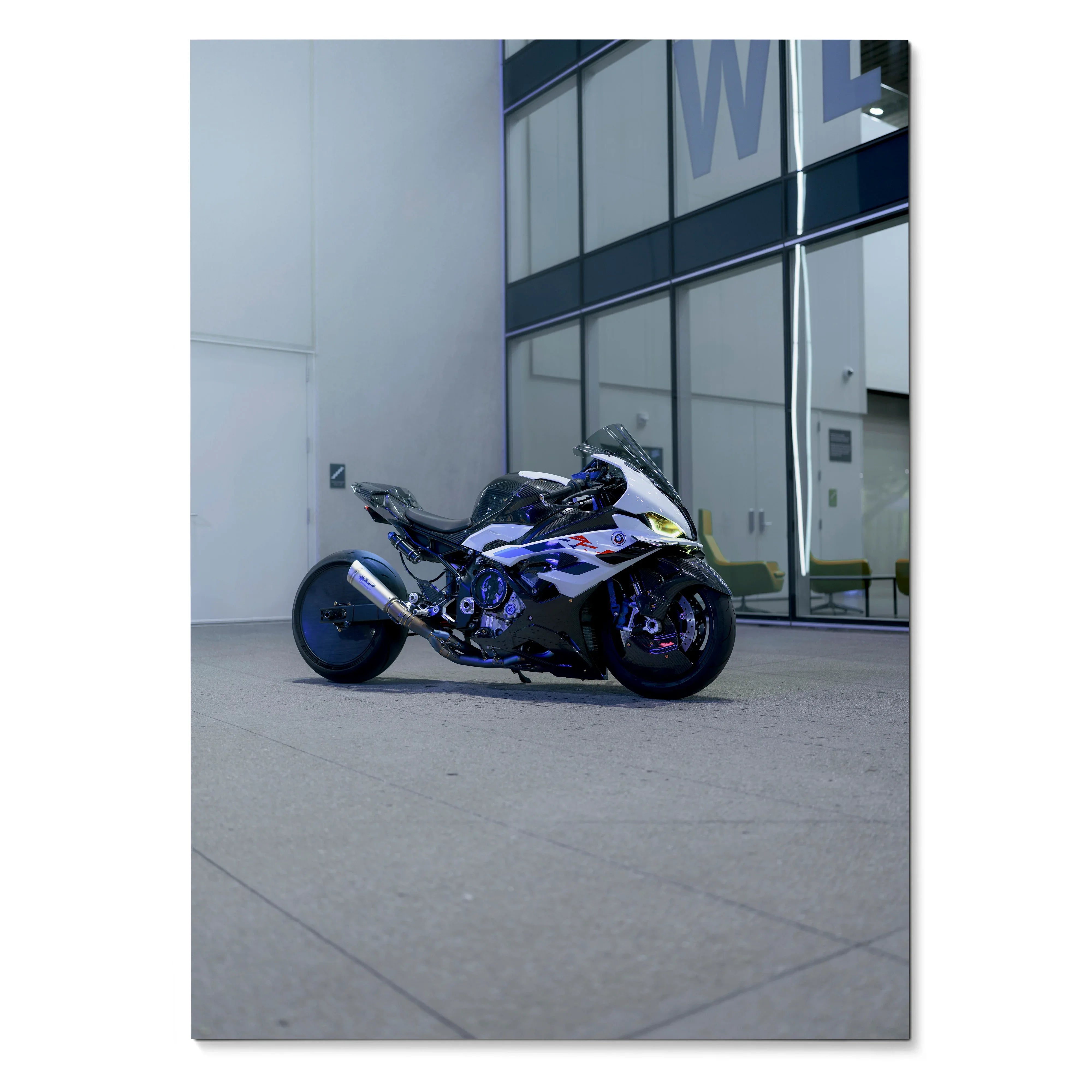 BMW S1000RR Drag Spec motorcycle poster with blue, white, and black racing design wall art.
