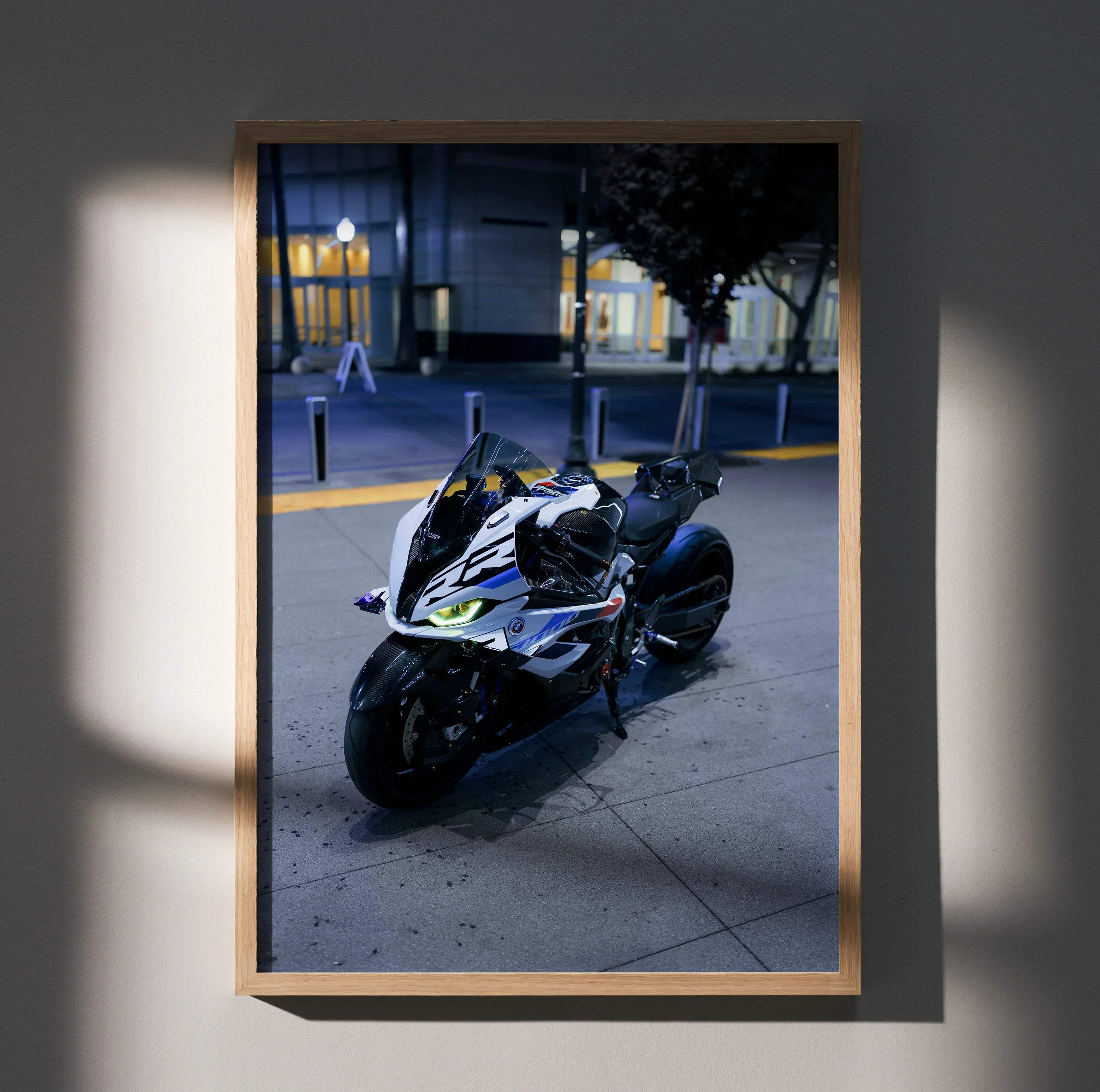 Bmw inspired s1000rr drag spec motorcycle art print poster featuring a sleek white and black sport motorcycle framed in light wood