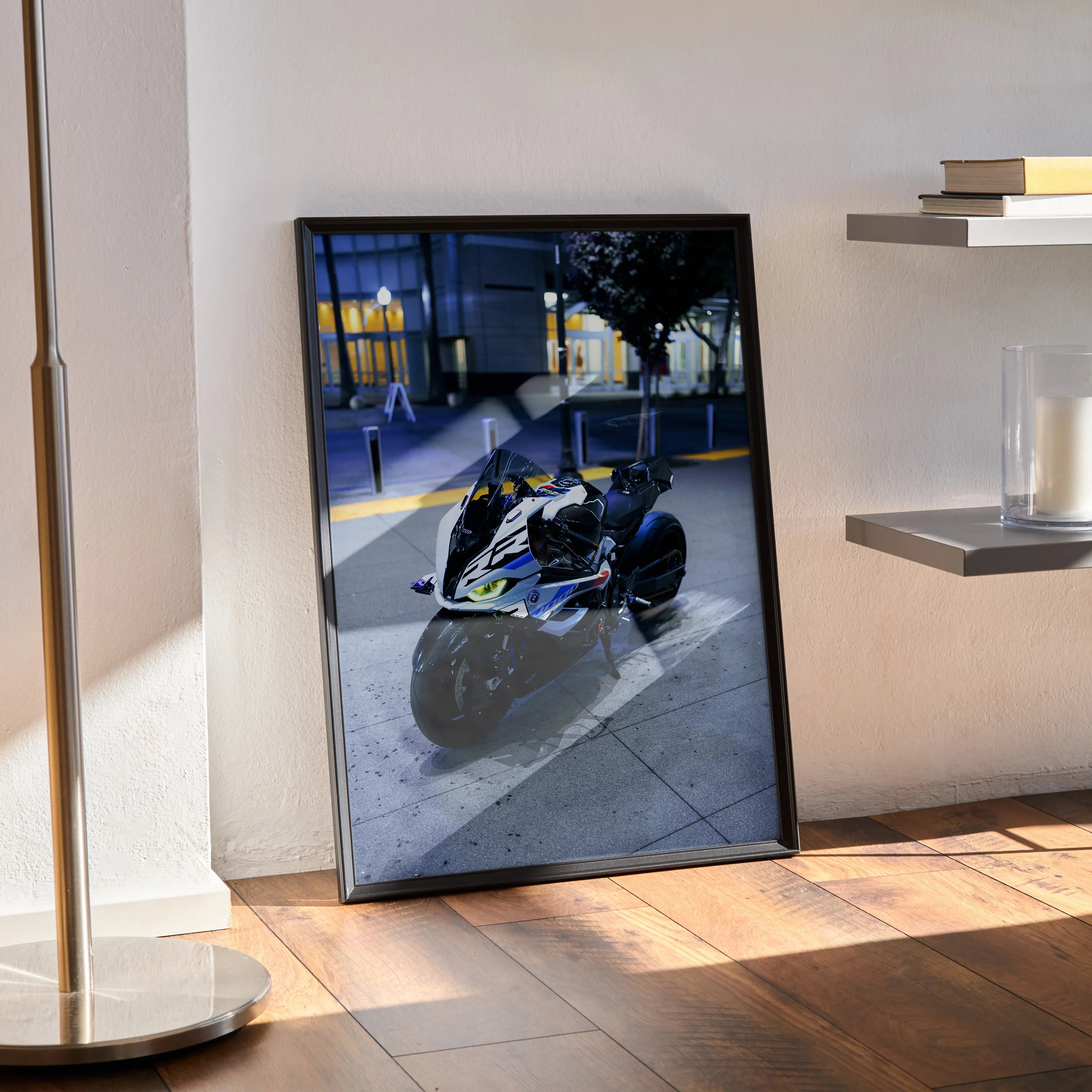 BMW S1000RR drag spec motorcycle poster with sleek black and blue design, modern wall art.