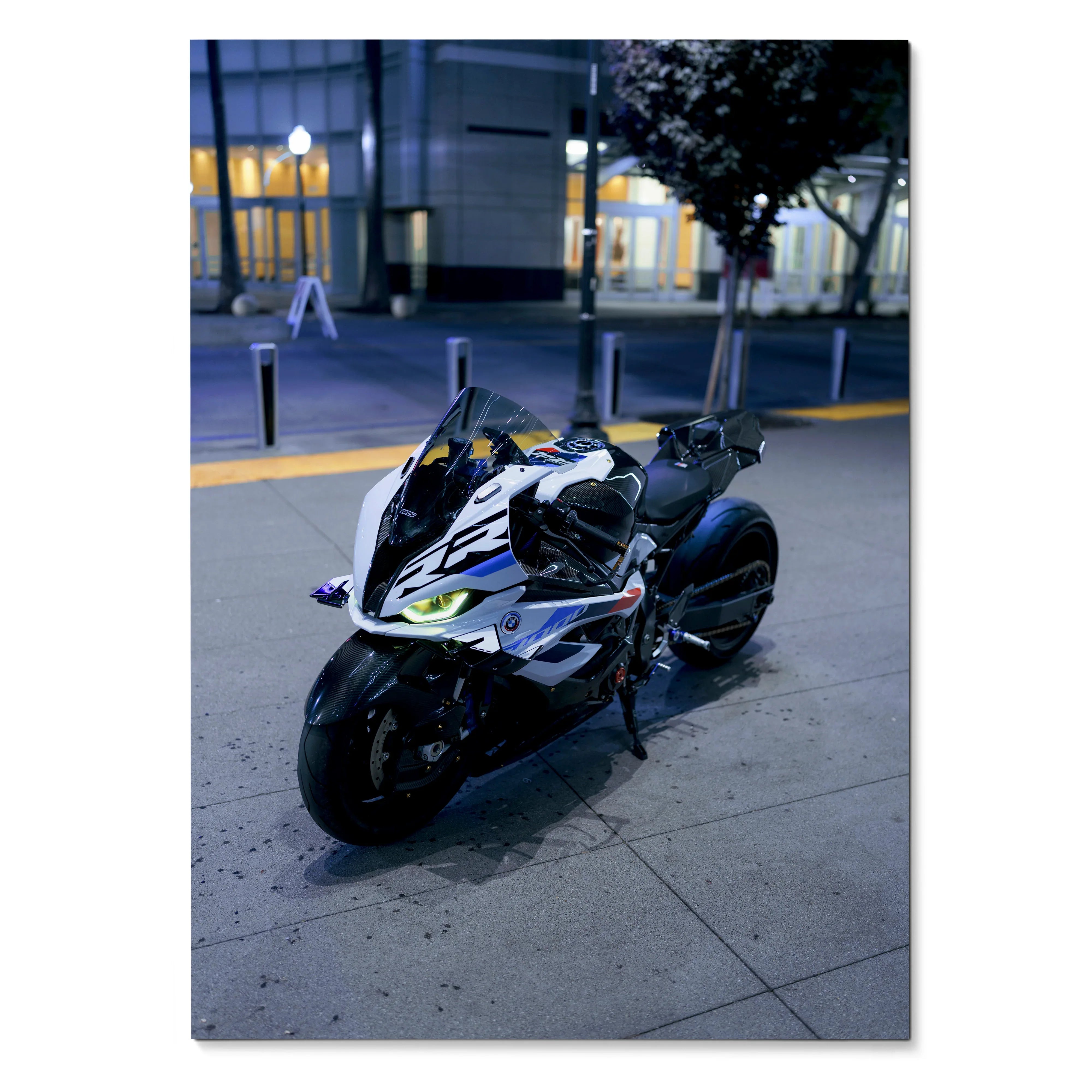 BMW S1000RR Drag Spec motorcycle poster with sleek white and black design, street night setting wall art.