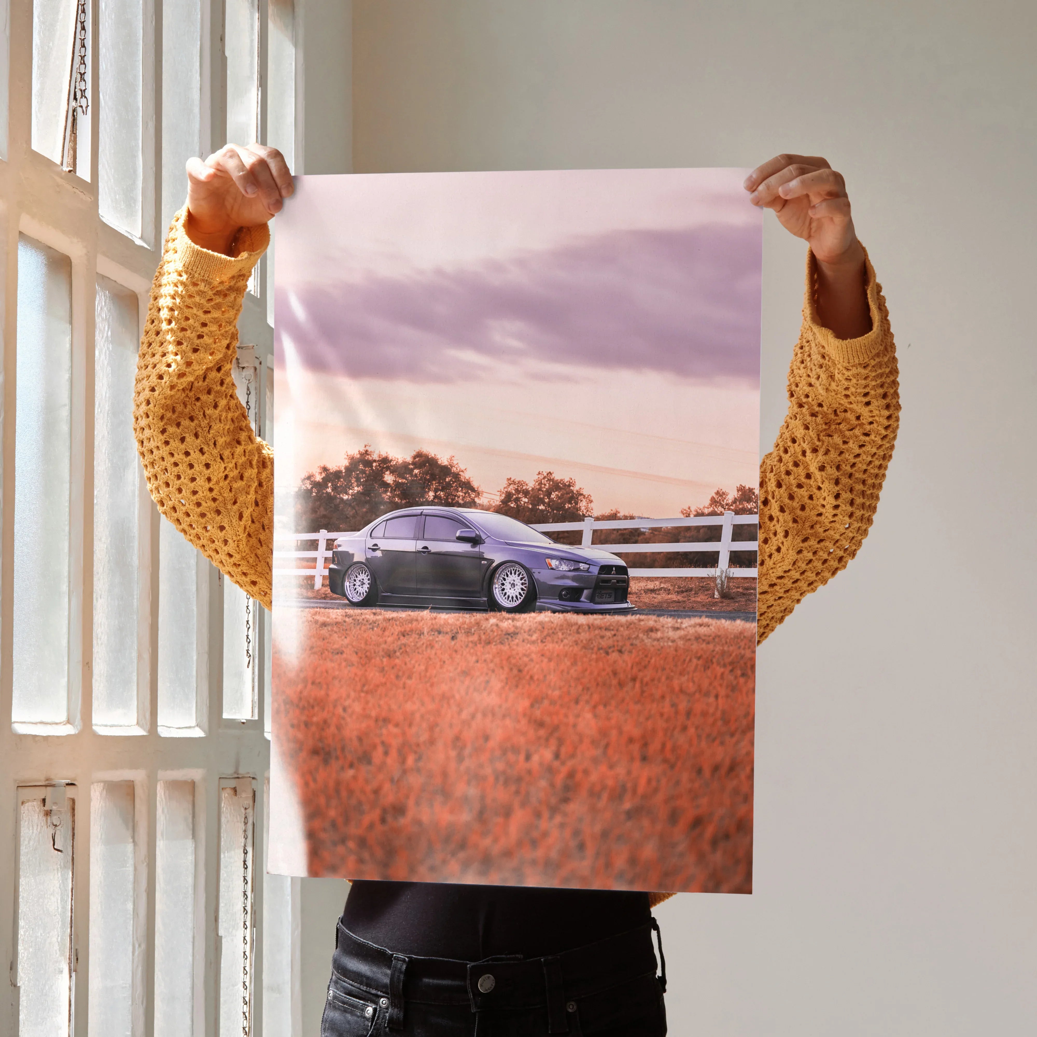 Mitsubishi Evo 10 poster with purple sky and orange grass, high resolution wall art.