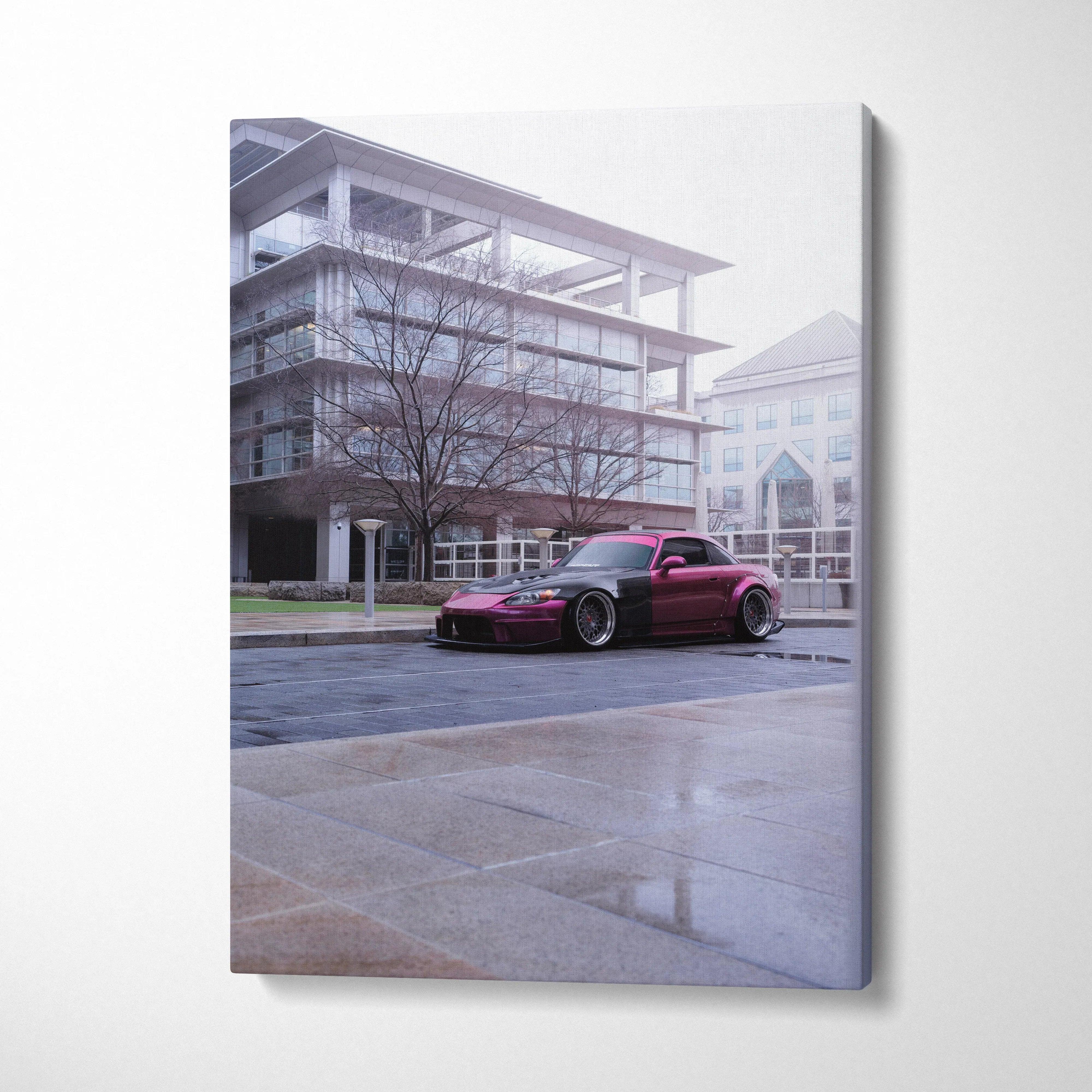Honda S2000 car canvas wall art with urban background, vertical museum-quality canvas art.
