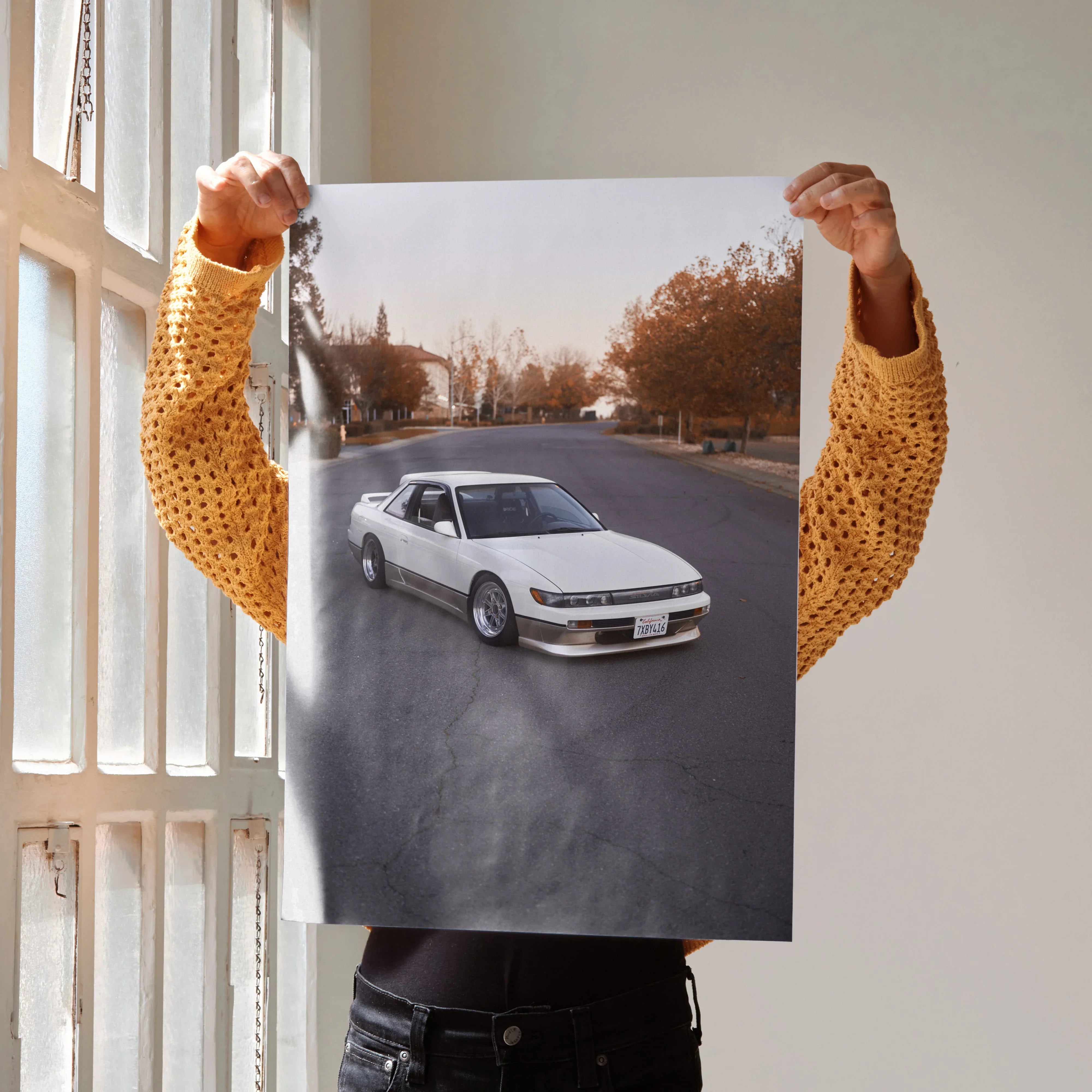 Nissan 240sx S13 Silvia poster with white car on road, autumn trees background wall art.