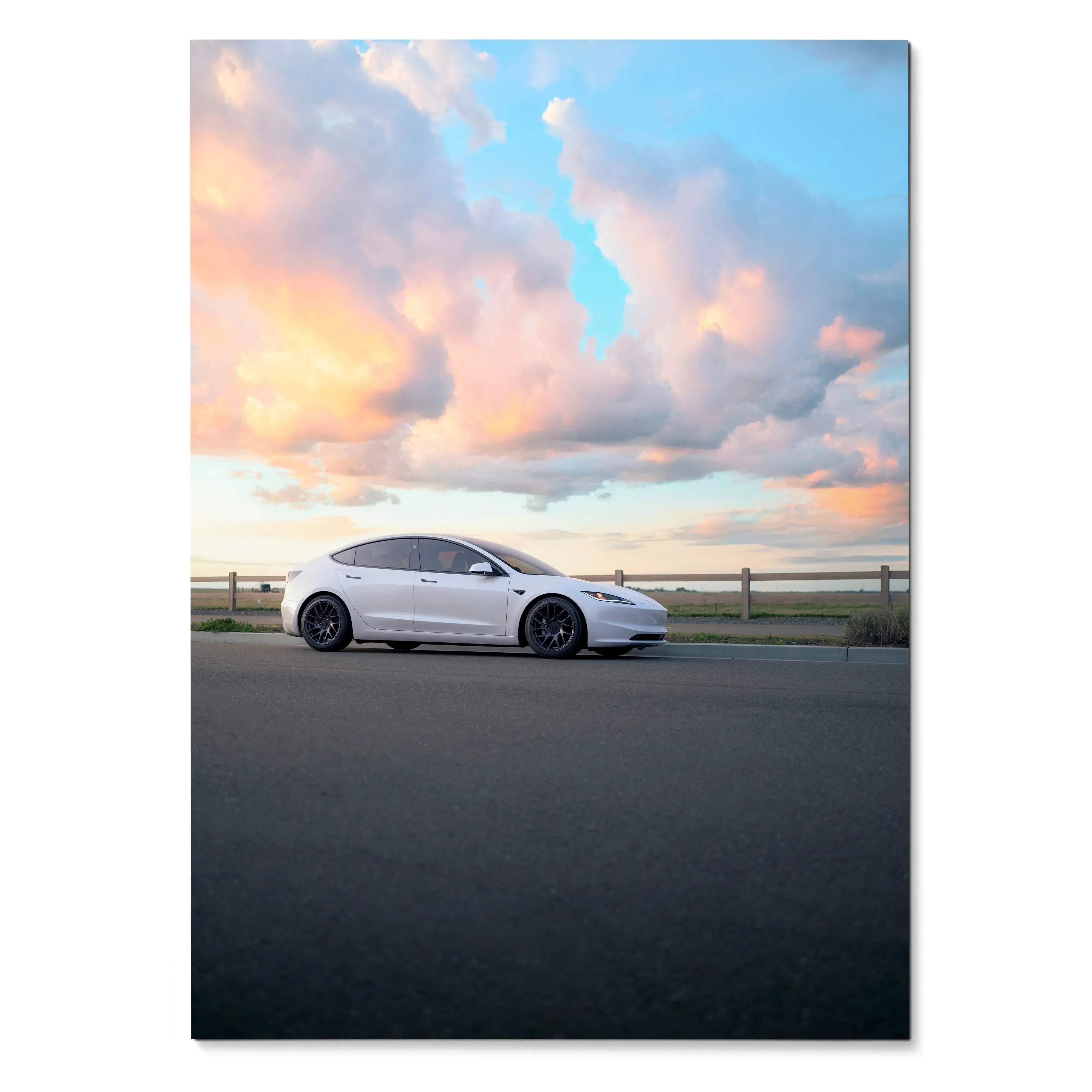 Tesla Model 3 Highland parked by roadside under dramatic sunset sky poster wall art.